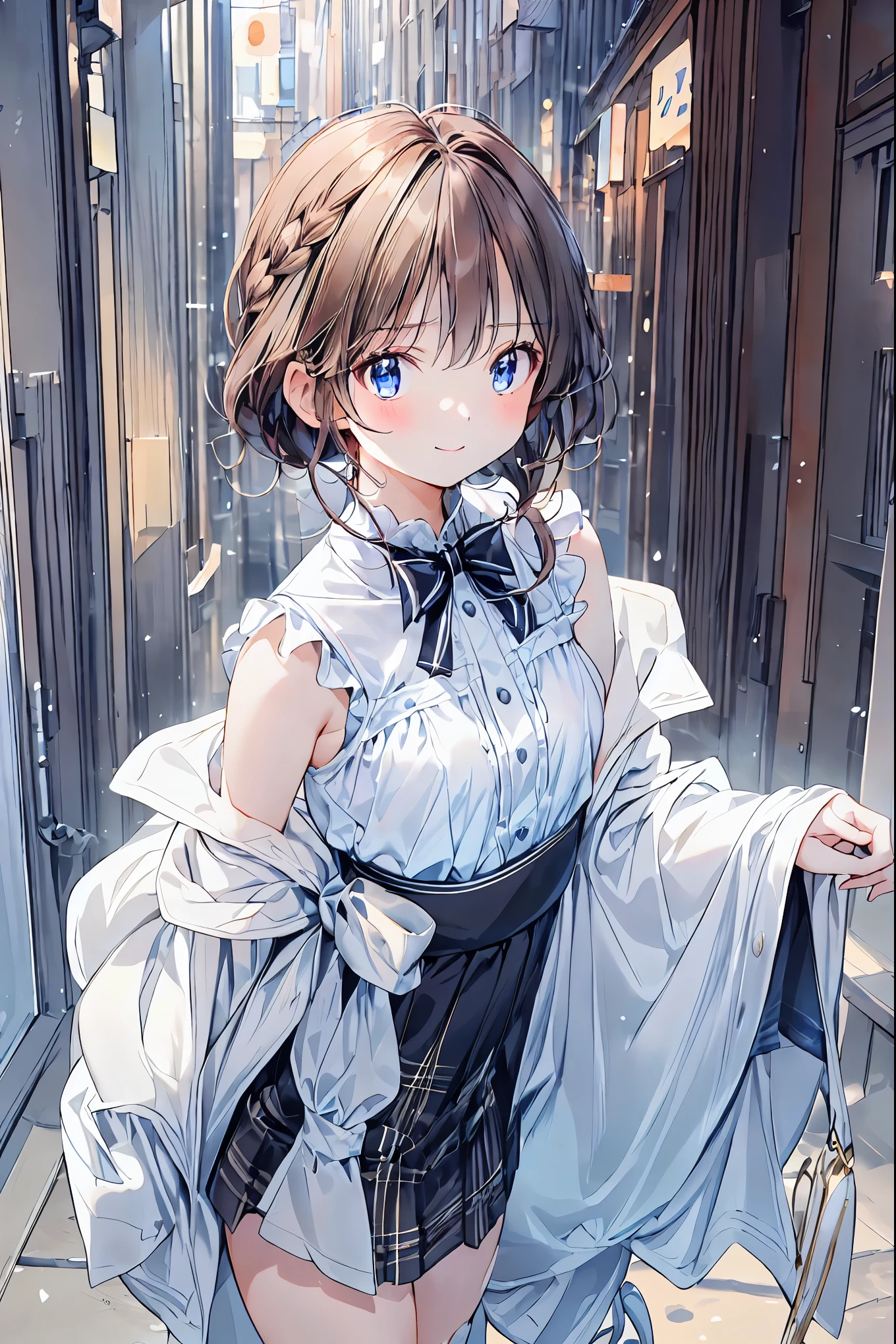 for lightss, for lights , Beautiful Face Details,cute, I can see my whole body、 Standing Pose 、 dark brown eyes,(背の低いcute女の子,Young student,Young and delicate girl),( Masterpiece , for lightss, for lights ), black hair, Checkered black skirt, sleeveless、 brown hair, Shortcut , messy hair , Short Braided Hair ,Neat, slender beauty ,Dignified posture, small breasts , Her charming gray-blue eyes shine like stars, bright color , beautiful eyes ,A delicate smile,textured skin, best quality、The best , a parody of a gentle and beautiful woman , anime style 、