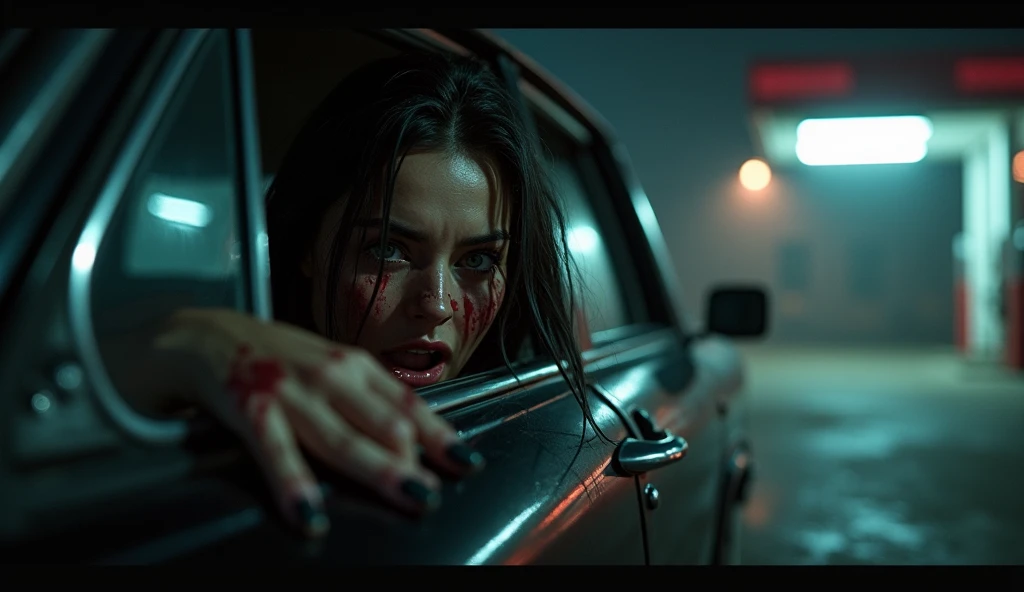 nsfw, 1girl, car accident, cuts to the face, blood dripping from the cuts, open wounds, driver's seat, photorealistic, 4k, hyper detailed, extreme close up, dramatic lighting, dark moody colors, gritty realistic, cinematic composition, raw emotion