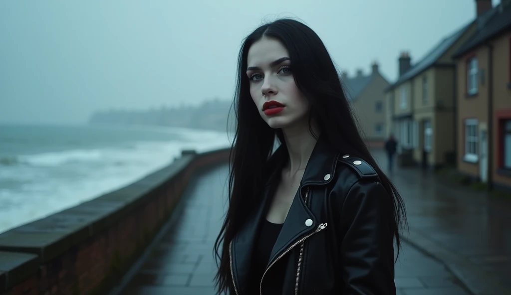 Luis Royo Style young woman, black leather rock style, very white skin, black long hair, red color lipstick on her lips, cold mystery cloudy cost of England, Luis royo, A foggy, abandoned small-town street at dusk. she is walking on small stone road at the cost toward a small town, the waves  are strong at the sea on the left