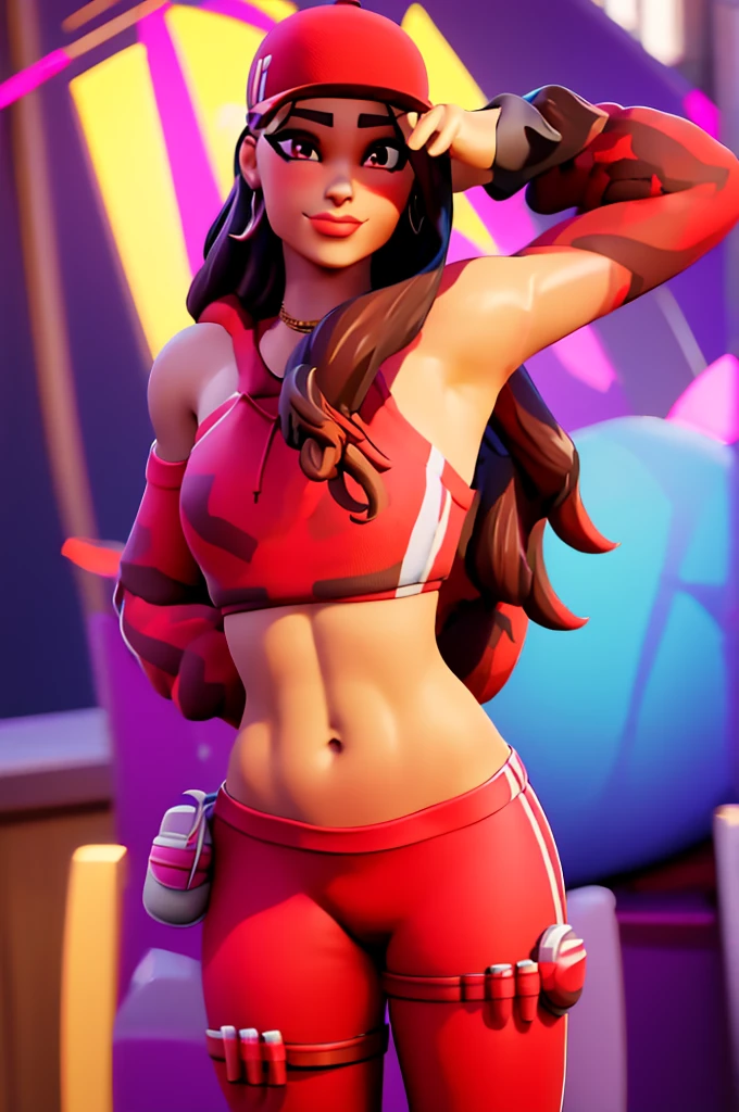 ruby , (Fortnite),1 girl, Alone, long hair, looking at the spectator, smile, breasts, city background, butt,  bare shoulders, fitted shirt,  Closed mouth ,  portrait, red sweatshirt,  Skinny pants , red sweatpants,  seductive, realistic,  better quality ,  masterpiece , ultra detail,  ultra high resolution ,  extreme detail , 8K,  Ultra high definition 