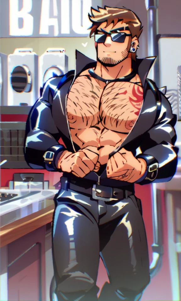 three mature beefy bearded Asian man with a more bigger body size, big beer belly, pumped chest, tribal art style tattoos, authoritative expression, sweating, and gripping his chest, hugging from behind, wearing a waiter suit, lightblue lights, fisheye camera