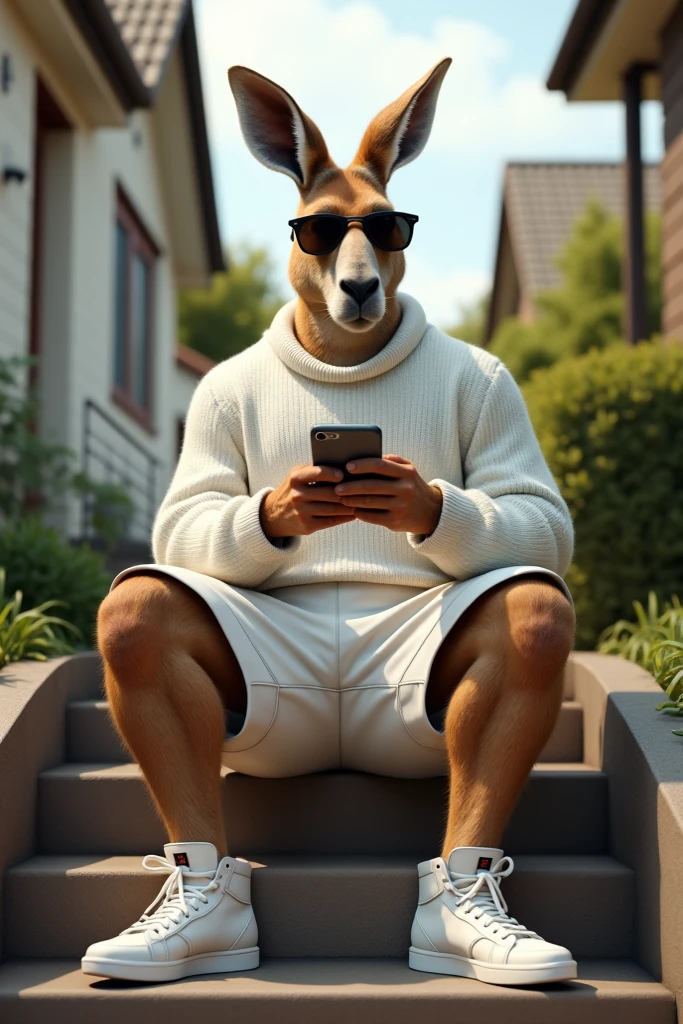 Yellow labrador dog wearing shorts and flip-flops sitting on the sidewalk with just a cell phone in his hand