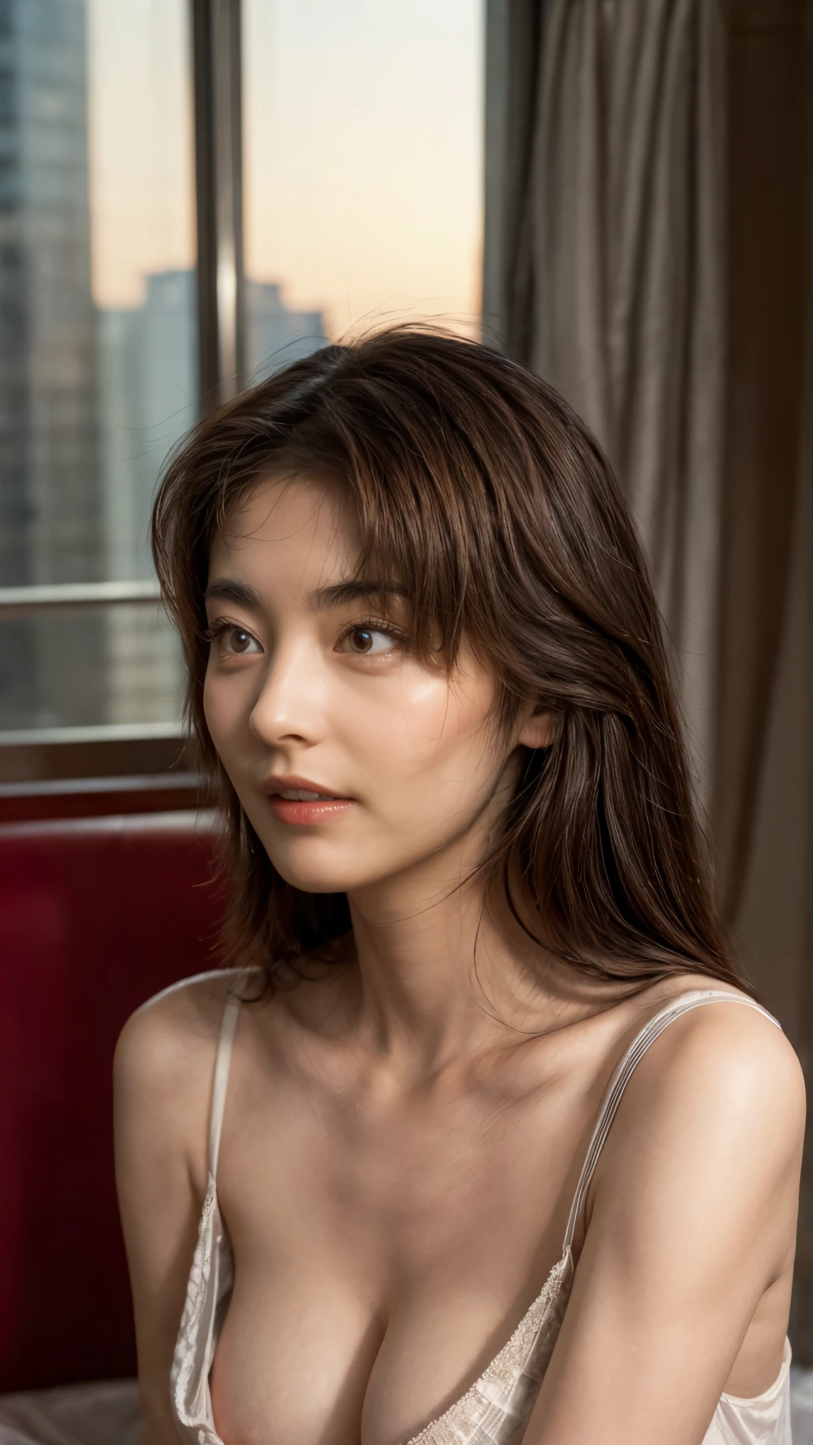 The high resolution photograph of a 52-year-old Japanese mature actress, (realistic, photo realistic:1.37), 16K, RAW photo, amazing quality, highest quality, extremely detailed, intricate details, sharp details, sharp focus, professional lighting, realistic lighting, delicate light and shadow, soft light reflection, facial light, bright light, ray tracing, profile, solo, 1girl, pale skin, fine-textured skins, natural make-up, detailed face, detailed eyes, beautiful symmetrical eyes, beautiful pupils, sophisticated nose, improves hair quality, fine hair texture, beautiful contours, accentuates body lines, extremely precise and accurate anatomy, (large breasts, covered nipples), (loose sleeveless thin-strap see-thru sheer lace white nightgown:1.2), (forward bending, downblouse), lewdlook, photo background, indoors, gorgeous and classy room, luxury hotel, (cityscape through the window, magic hour, sunset, in the evening),