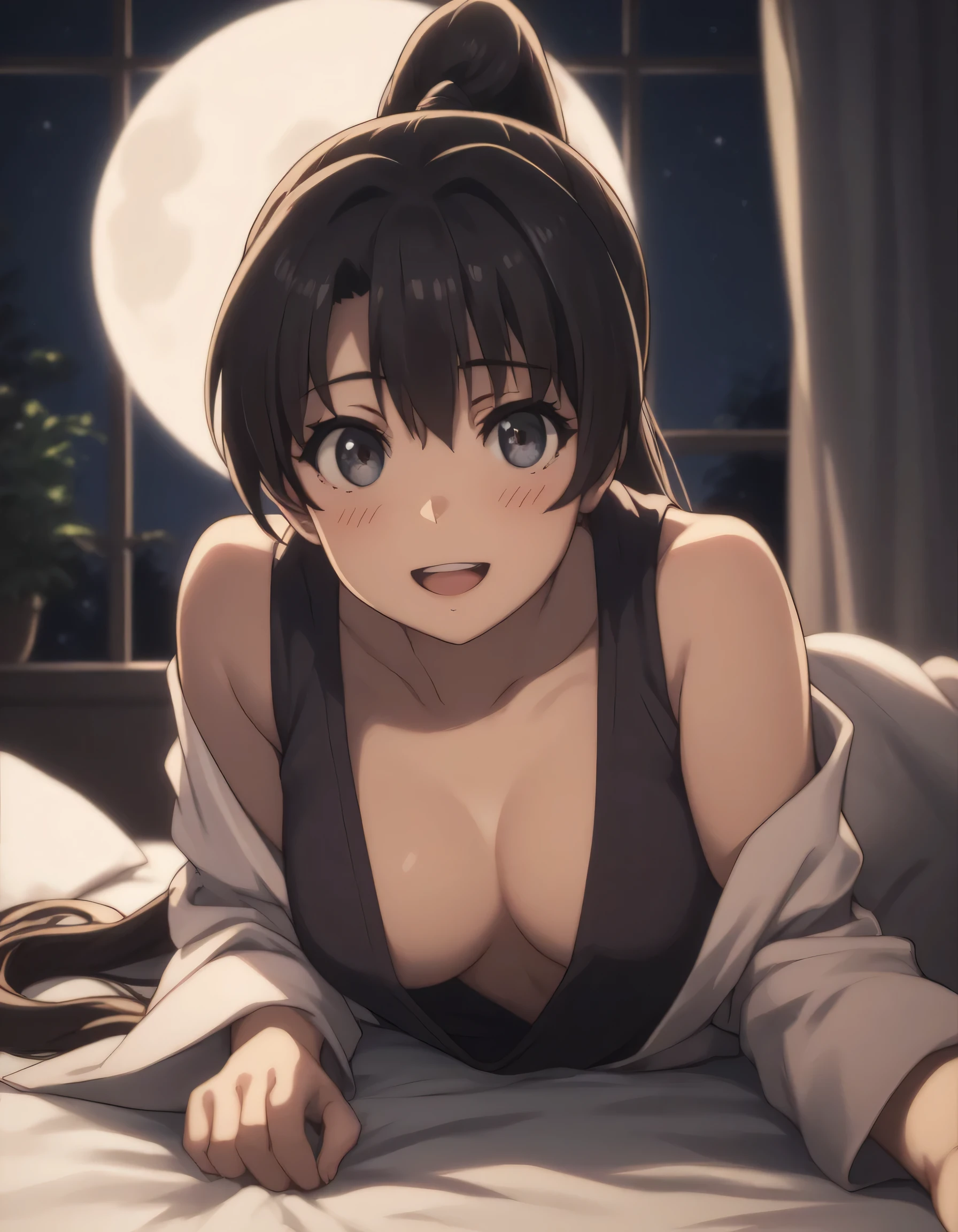 score_9, score_8_up, score_7_up, gsfghtr, long ponytail hair, black hair, Plunging Neckline, 1girl,solo,looking at viewer,blush,smile, open mouth, lying on bed, bed room with window, (((bright light from front))), moon, night