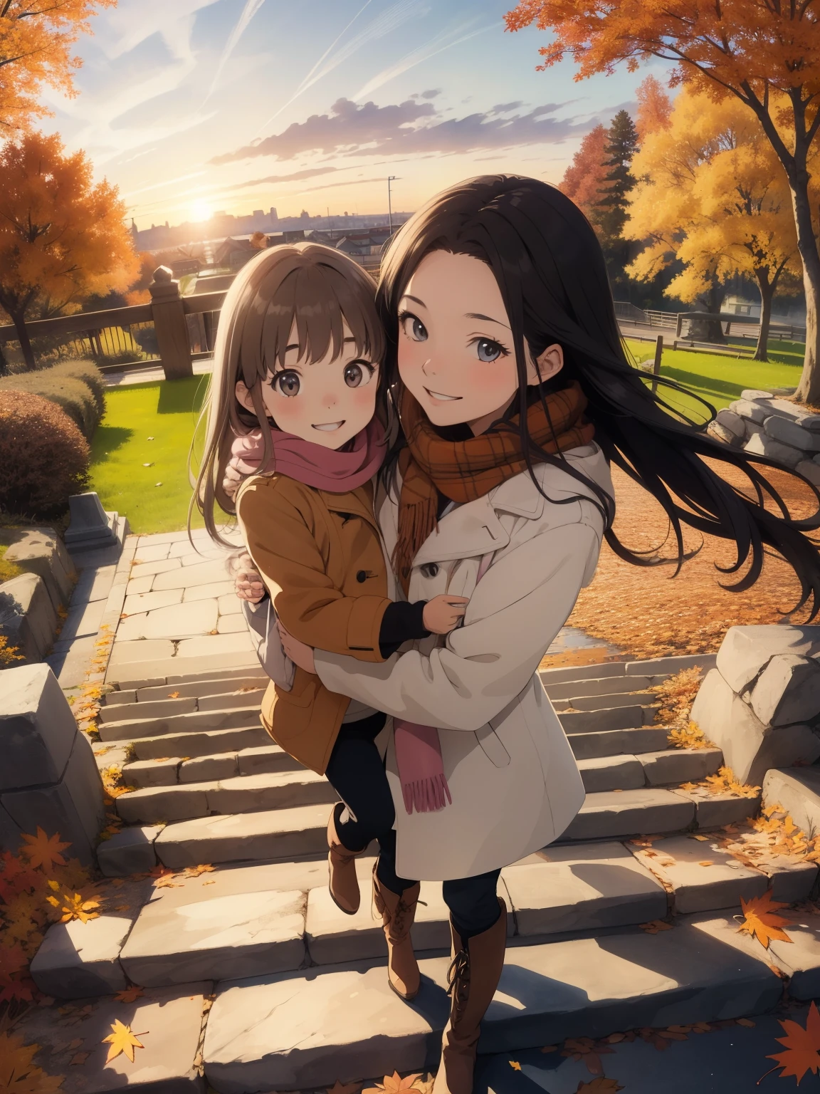  greatest masterpiece， best quality，High image quality，( super flat ,  flat shading )， fisheye lens，Beautiful young mother and lovely daughter， warm scarf，(naked)， long hair， boots, smile, smile，White Breath，fun, play，Stone steps in an autumn park， fall leaves for vaginal discharge，Autumn sky，At dusk，Beautiful sunset， bright color，watercolor,  Ghibli style，Strong winds， girl&#39;Lure，