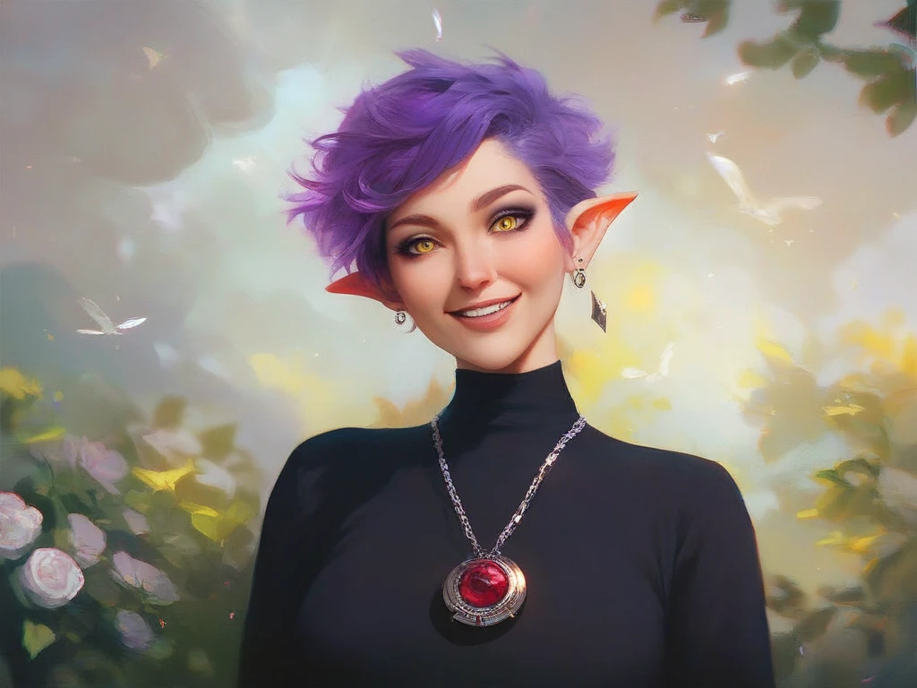 (masterpice, best quality), AmityBlight, makeup, black earrings, yellow eyes, short hair, (purple hair:1.4), pointed ears, (black shirt:1.2), long sleeves, loose-fitting shirt, amulet, (portrait shot, upper body), looking at viewer, Smiling,