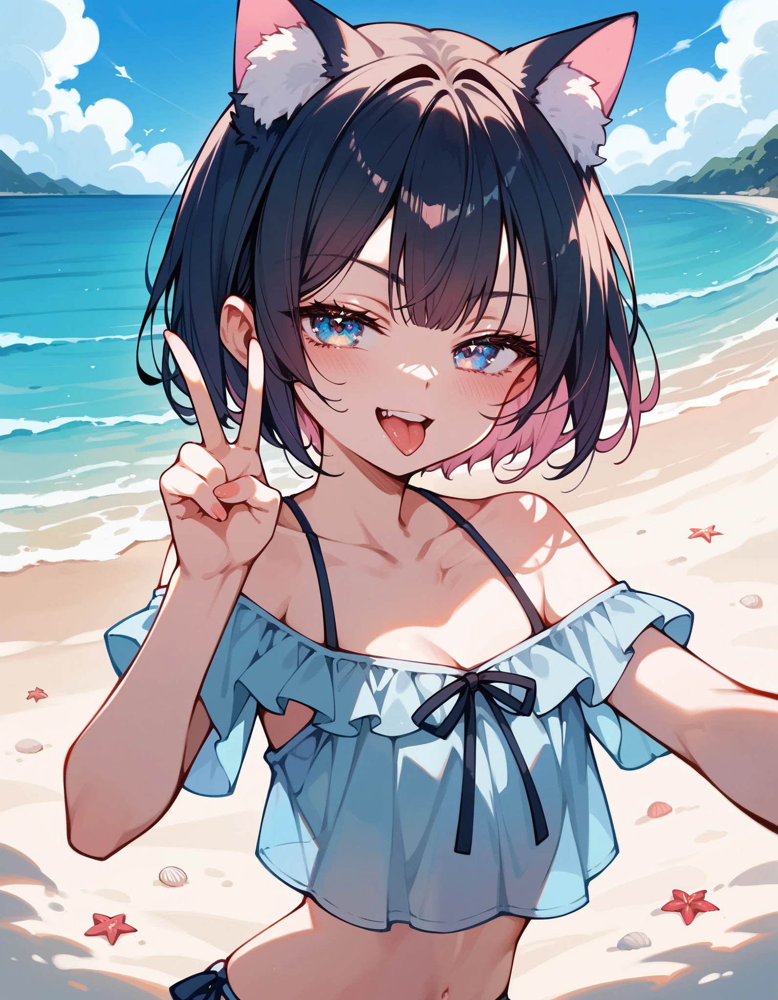 skinny rabbit mom , round face , (tilt face:1.1) , (half-open wink:1.2) , moist round eyes , Swollen cheeks , dark color hair , Maternal smile , glossy lips , (naked:1.2) , (sloppy swimsuits Faded bodypaint) , melting paint , erect nipple , natural tits , sunny beach , Surrounded by many casual wear rabbit-Men , back shot