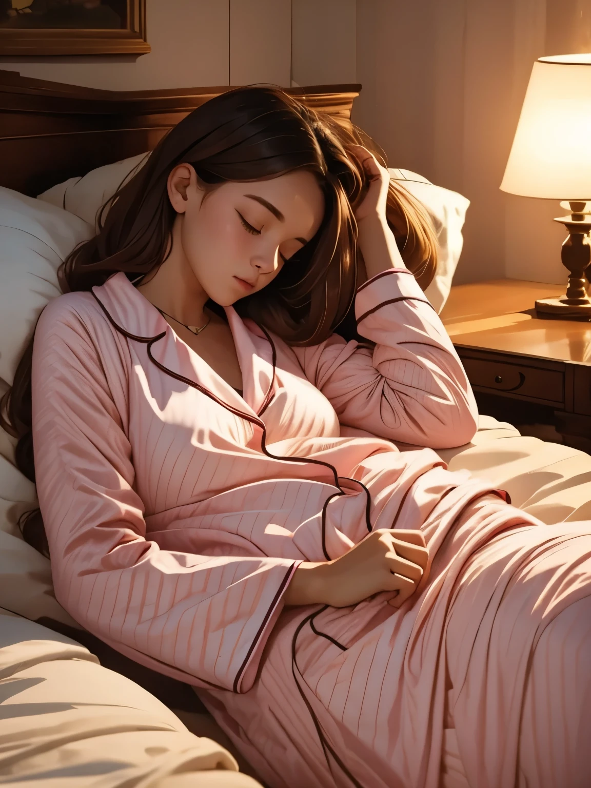 Sleeping girl, 22 years old,  realistic , She is wearing pink long pajamas,  brown hair.