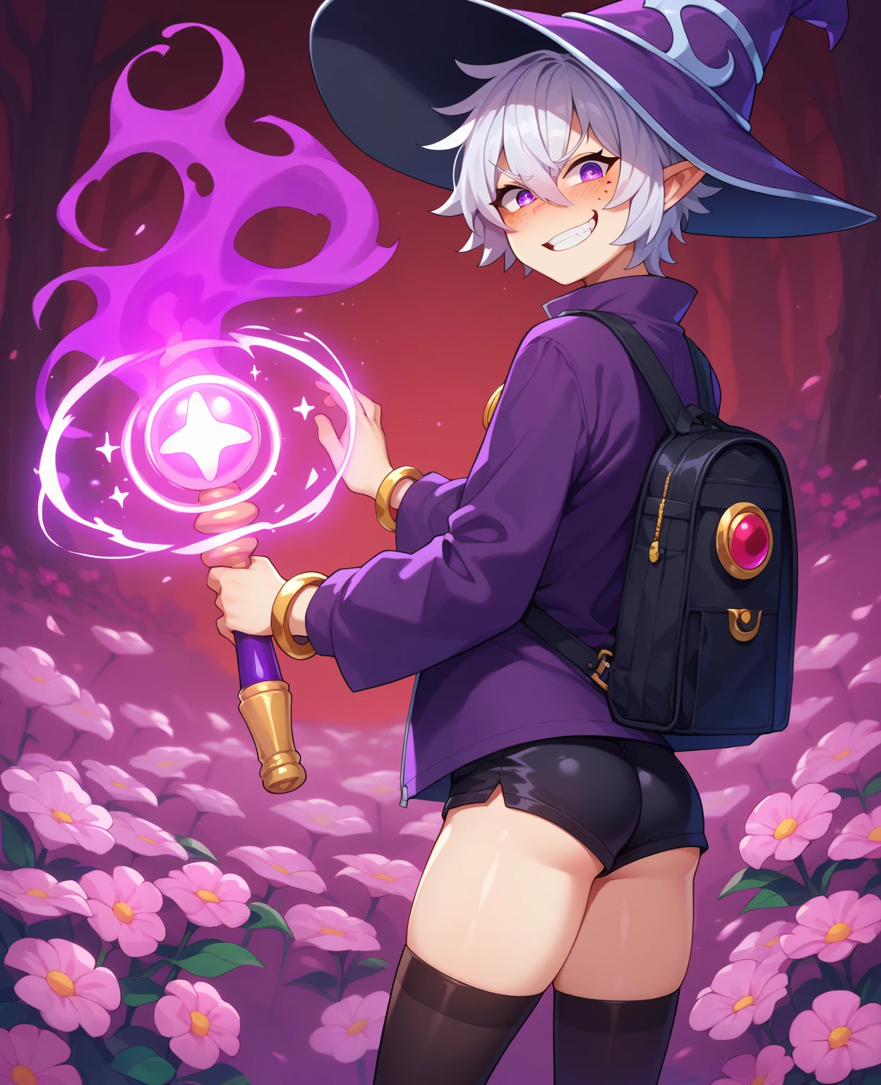 dry wizard, black coat, purple zip shirt, purple eyes, short white hair, Golden bracelets, White t-shirt, black and purple jacket, black shorts, open zipper, large backpack, evil smile, anger, evil, ghosts around, white magician hat with flowers, 1, femboy, a man, Illuminated background, shiny skin, shiny skin, absurdly detailed, magic wand, sorcerer's staff, many freckles, flower field, forest behind, elf, shy, white coat, pale skin, slim and curvy body, showing ass, black thong and stockings with garters