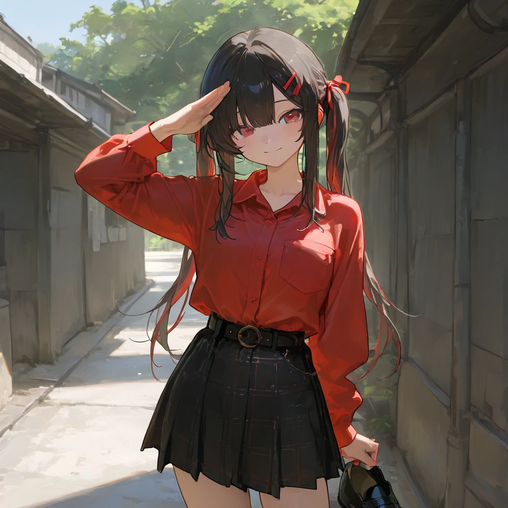 masterpiece, best quality, amazing quality, very aesthetic, absurdres, newest,scenery, highres icon,absurdres,16k,flat anime style、748cmstyle,Expressiveh, 



Amihari 、Multicolored Hair、 long hair、 twin tails、bangs、 red ribbon 、 hair clip、White、 red shirt、 collared shirt 、 Long Sleeve 、belt、 skirt、黒い skirt、黒いshoes下、shoes、、indoor、 cowboy shot、smile、salute、

Masterpiece , best quality, amazing quality, very aesthetic, absurdres, newest,scenery, 