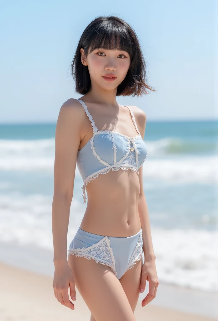 T-bag，美しい小さなButt，  Small Butt，Slim figure， lingerie, 水色と白の sexyなアンダーウェア ,   sexy,whole body,   sexy,Alone,Butt、(   beach   ),High image quality，最High image quality，
