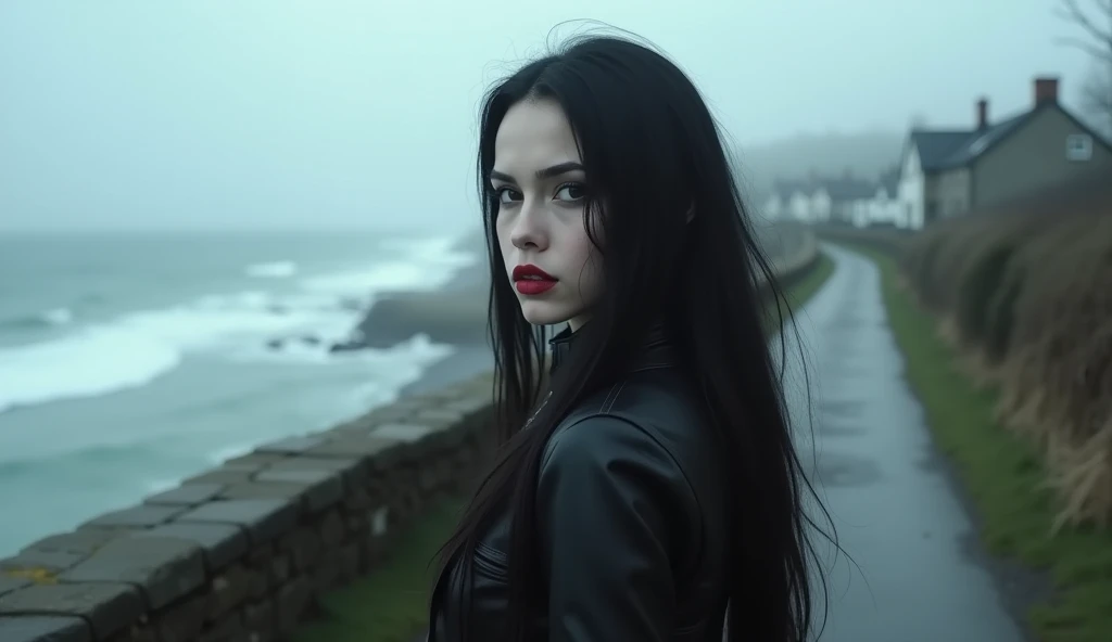 Luis Royo Style young woman, black leather rock style, very white skin, black long hair, red color lipstick on her lips, cold mystery cloudy cost of England, Luis royo, A foggy, she is standing and watching, small stone road at the cost toward a small town, the waves  are strong at the sea on the left 