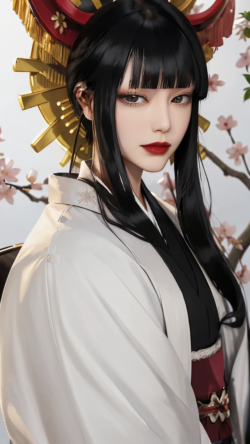 (masterpiece,best quality),SShutaraV4,1 girl,Alone,slight smile,long hair,bangs,blunt bangs,sidelocks,(black eyes),(black hair:1.4),makeup,lipstick,red lipstick,mature,mature female,japanese clothes,kimono,sakura garden background,