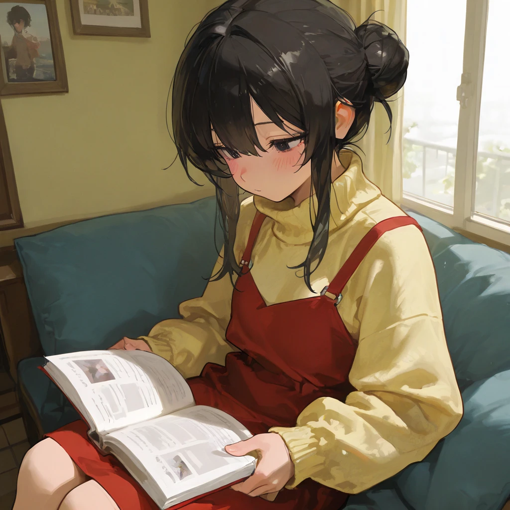 masterpiece, best quality, amazing quality, very aesthetic, absurdres, newest,scenery, highres icon,absurdres,16k,flat anime style、748cmstyle,Expressiveh, 



 1 girl、solo、Chibi、、 dark eyes、Black Hair、 bun hair 、 yellow sweater 、 turtleneck 、blush、 Red Dress 、 sitting、reading、Room Background、 simple backgrounds per person、

Masterpiece , best quality, amazing quality, very aesthetic, absurdres, newest,scenery, 