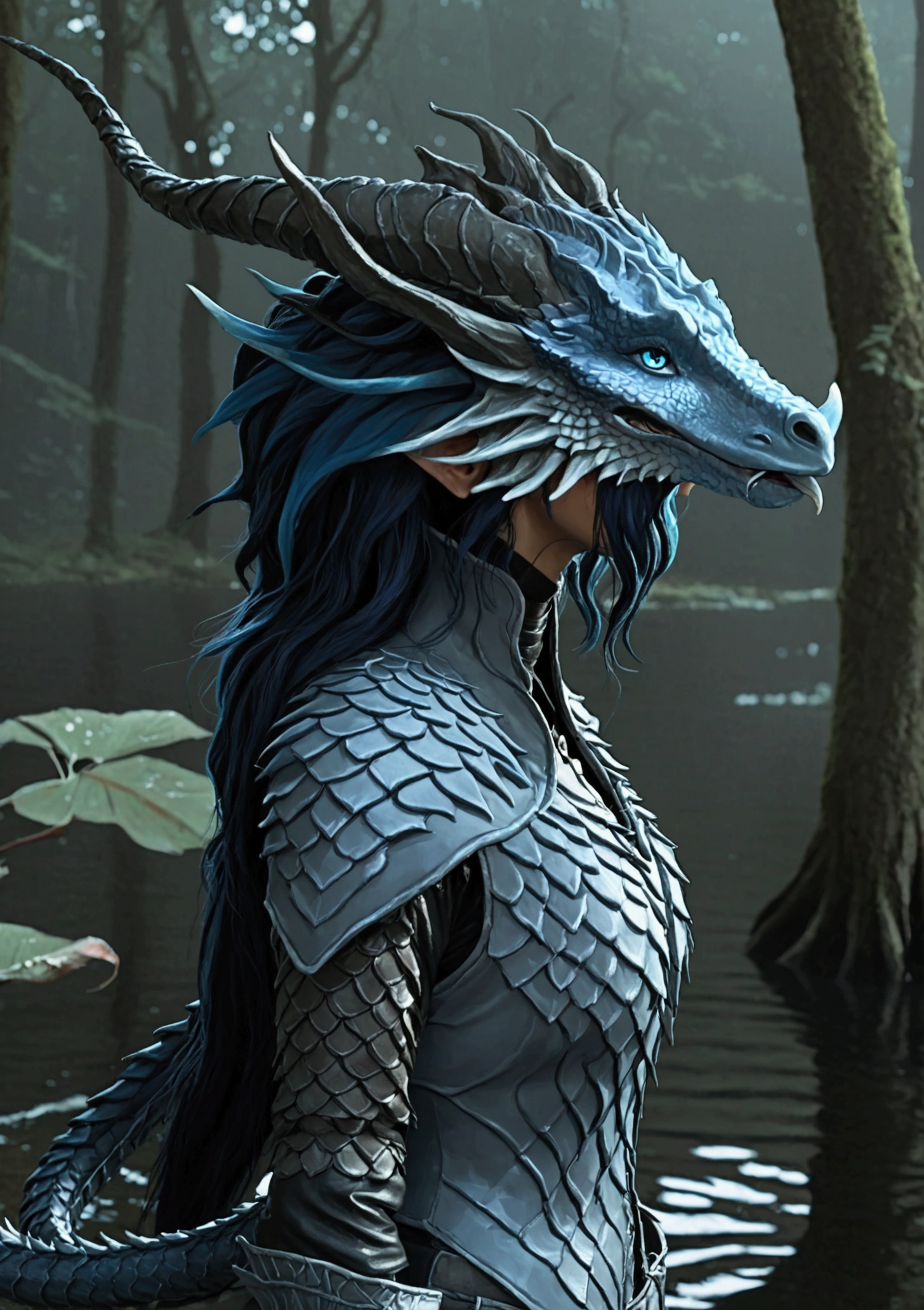 Sprawling Cedar ,   dark forest ,  grows cedar  ,   There is a sea creature  . (((  dark blue-grey leather ))  whole body),      eppressive face     ,     Curious      ( black and blue eyes  ) , (30 years old) , (   protruding thorns and long winding roots are everywhere     ,  girl ,    dark grey hair   ,     small nose    , small lips, (( very dark blue skin  )), (   sea snakes with an elongated fish-like head and 4 fins on their heads {p}  a long fat dragon armored blue-grey tiefling tail with a brush), (easy ,     gray leather armor   на whole body ,    gray leather armor   ), dark grey pants  ), One,  full length,  Against the background of the  dark forest, ,    standing in the water of a lake with clear water   , blue tones ((   are half rotated   ,     view from above   ,    ))     Epic digital fantasy art style    ,     epic fantasy style    ,    very detailed   , (Fantasy 4k art), anime art,     fine art   .  dark-blue-grey leather  ,  full length,     sticking out spines and long winding roots everywhere  ,  under water.