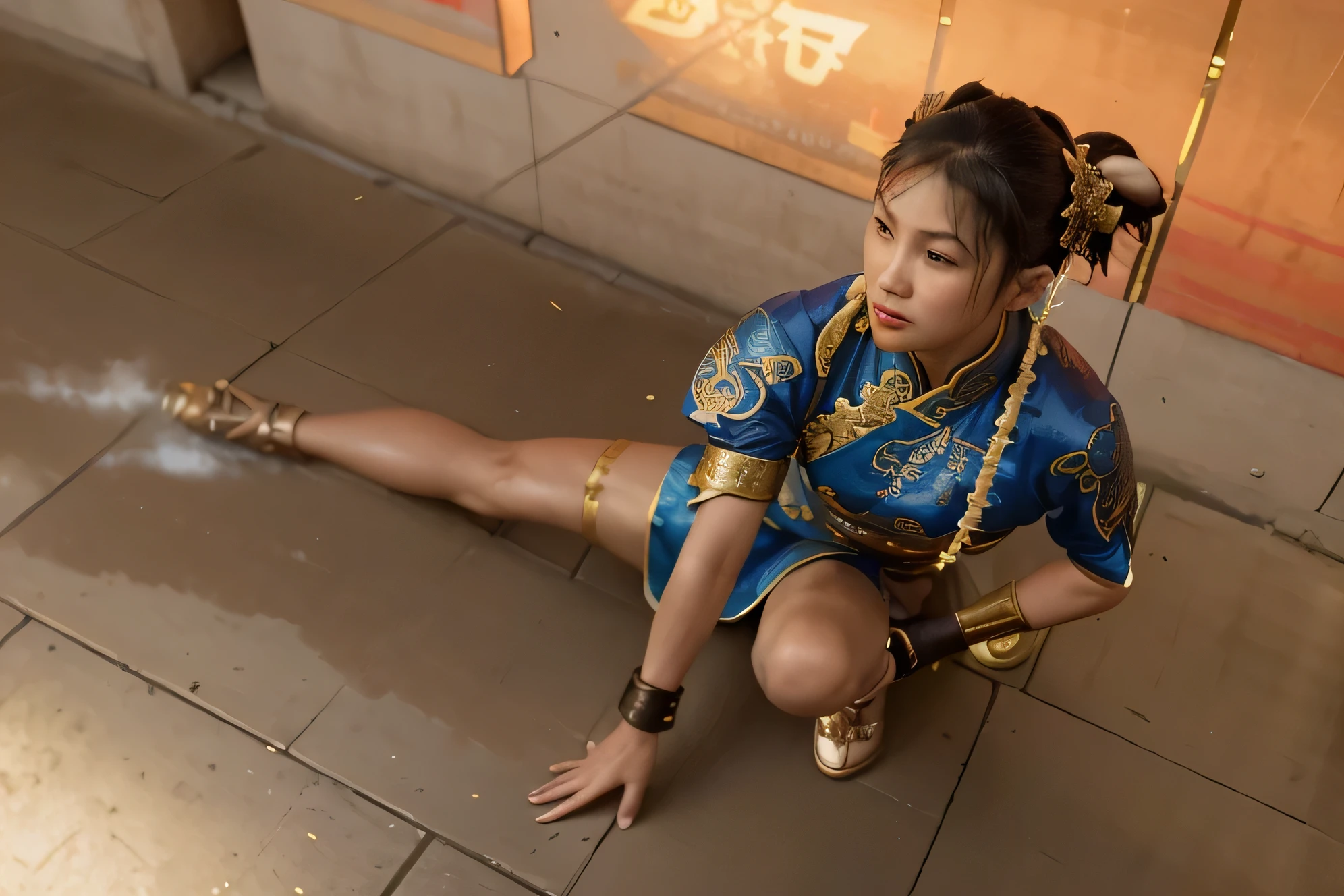 Masterpiece, RAW photo,photorealism,high resolution,best quality,high definition, perfect composition, perfect face, perfect body, 32K,Cinematic lighting,ChunLi,Little girl's vagina exposed,opening legs,Kicking technique,