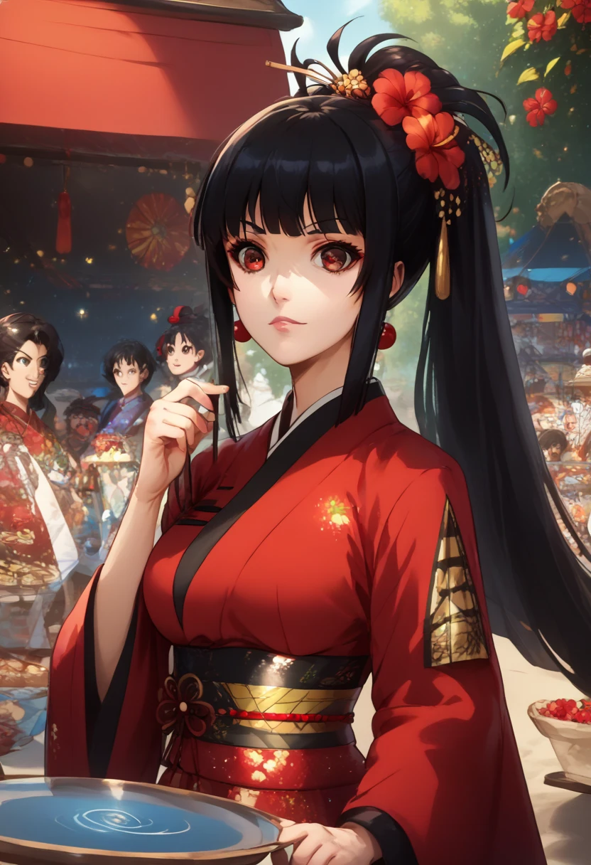 (( top quality )), (( masterpieces )), (Familiar with),  Perfect Face , eyelash, background, Festival, Kakegurui, Yumiko, Bangs, Black hair, Red eyes,  black eye, SPARKLING GLITTER, Black long tights , Add the red hibiscus kimono, cute, Medium bust