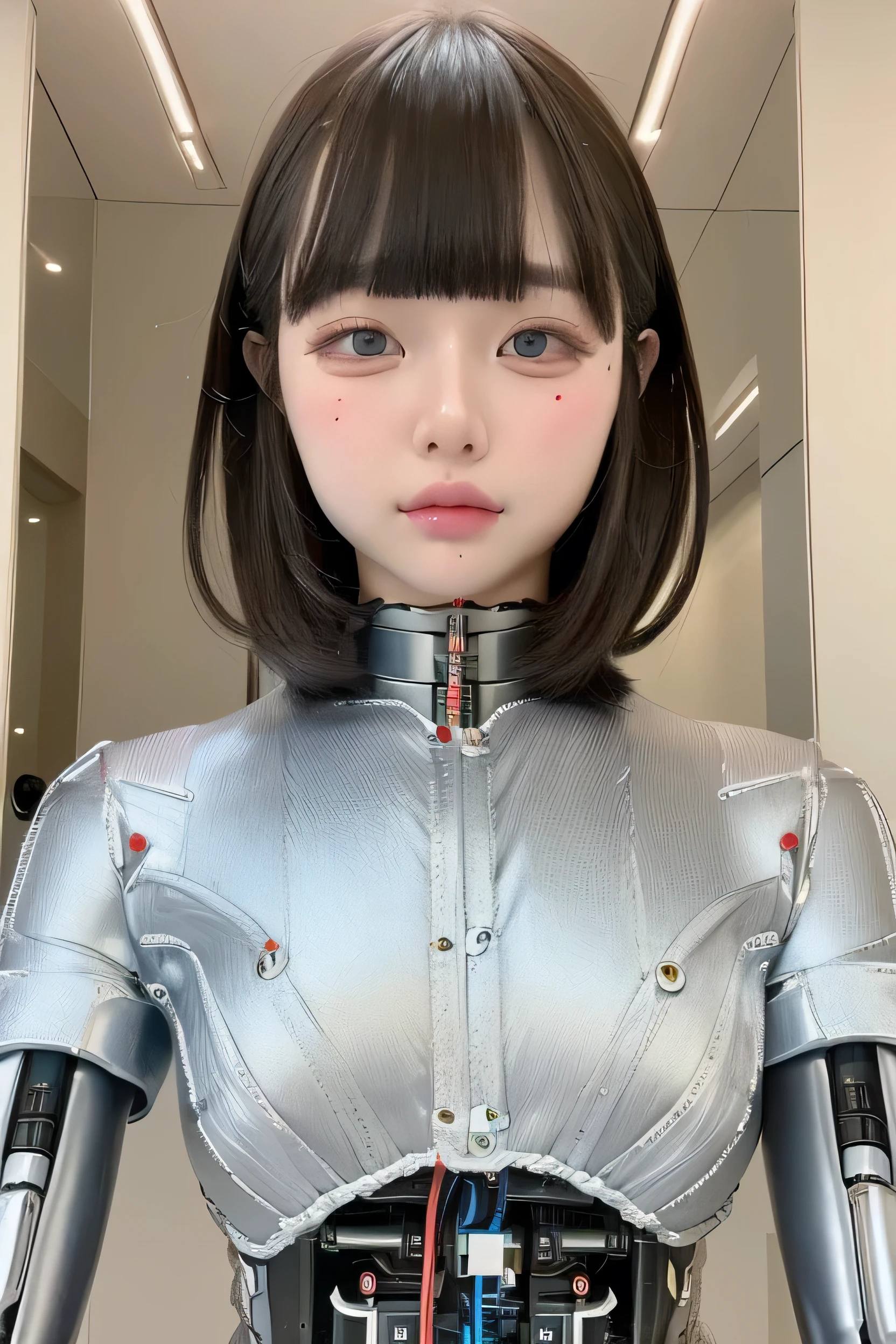 masterpiece, best quality, extremely detailed,portrait,front view,Japaese android girl,Plump, control panels,android,Droid,Mechanical Hand, Robot arms and legs,Blunt bangs,long tube,thick cable connected her neck