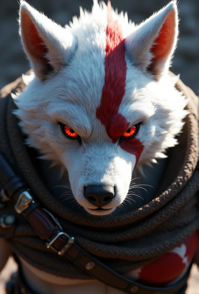 High quality, masterpiece, digital media (artwork), ultra-high resolution, highly detailed fur and face, focusing on a solo furry male. Intricately detailed eyes with bright red pupils and white sclera, illuminated by volumetric lighting for an amazing, atmospheric effect. Cowboy shot capturing the character from the back, wearing a cloak that drapes over his muscular upper body. White fur, with a striking red scar, showcasing finely detailed textures. A bright, intense atmosphere with vivid lighting. Styled in the epic, gritty aesthetic of God of War (2005), emphasizing the character’s strength and fierce presence.