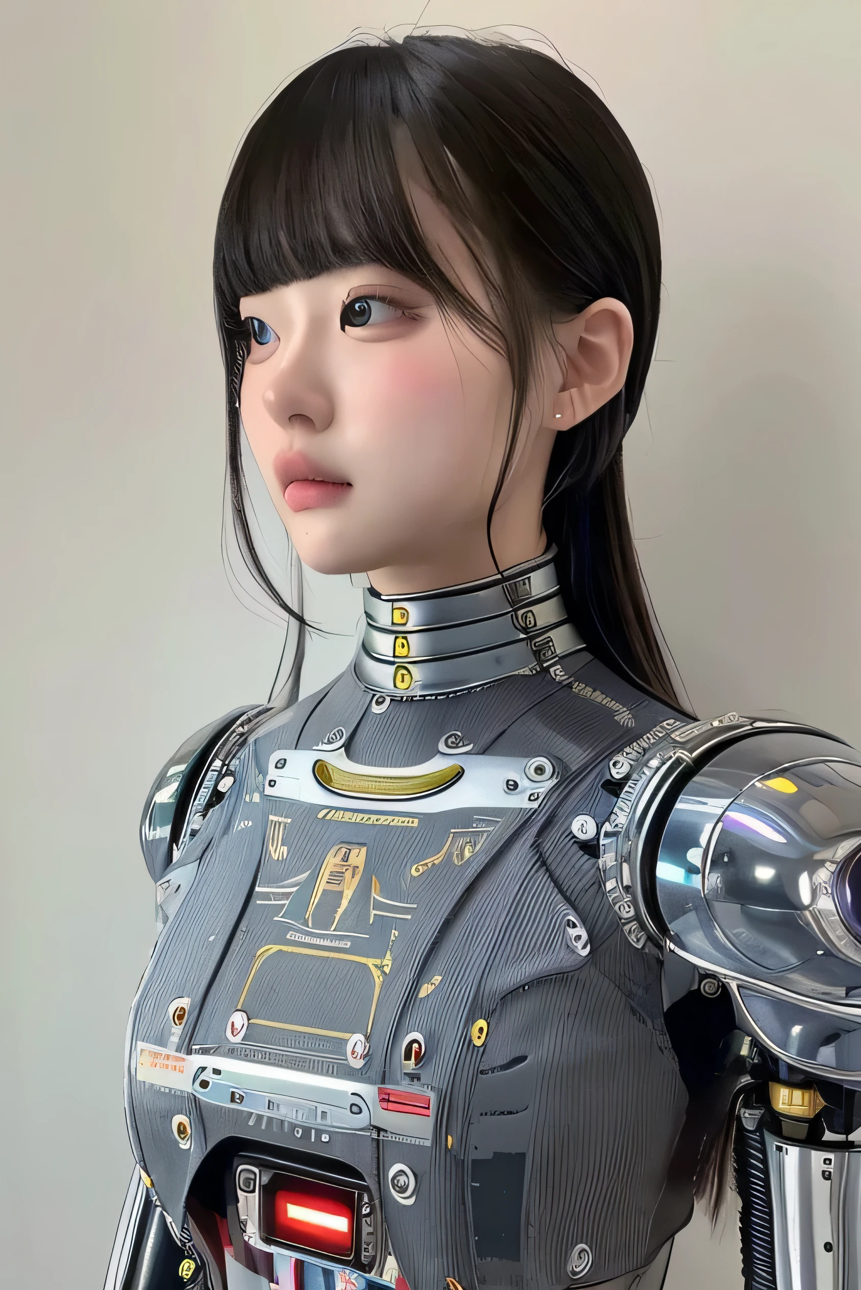 masterpiece, best quality, extremely detailed,portrait,front view,Japaese android girl,Plump, control panels,android,Droid,Mechanical Hand, Robot arms and legs,Blunt bangs,long tube,thick cable connected her neck