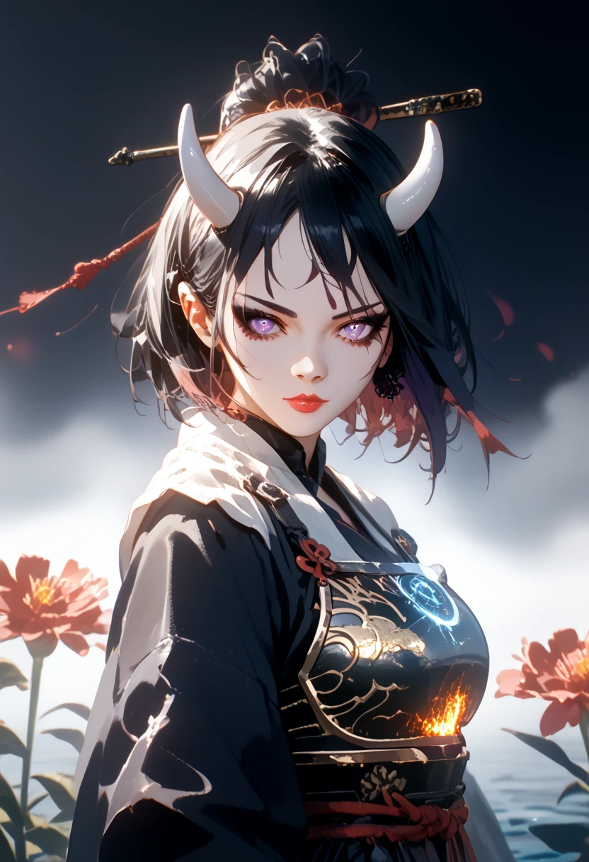 Anime demon Girl 1,sexy,beautiful, porcelain white skin, goth, black eyeliner, glowing purple eyes, holds a katana in her hand,hkwarrior, bright colors,Shine,short black hair, white horns,Clear drawing of details,masterpiece,maximum ideal traits,Средняя beautiful Грудь,Body parts are visible,cloth,Small Armor,Black Mystical Background,Detailed drawing of the Whole Picture,maximum details,Flowers in blood,water,EMOTIONS,ultra detail,High Quality Resolution,Maximum Accurate Drawing,8k-4k Wallpaper,score_9,score_8_up,score_7_up