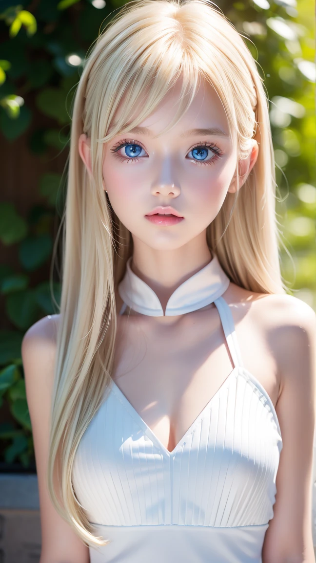 masterpiece、highest quality、High resolution、Highly detailed photos、Professional Lighting、(((Upper body naked)))、Strike a Pose、Sexy maid in the magical forest、The frilly apron must be worn on the lower body only、Portrait、Bright expression、Young shiny glossy white glossy skin、Great looks、Blonde reflection、Platinum blonde hair with dazzling highlights、bangs over eyes、Shiny bright hair,、Smooth, super long, straight hair、Shiny beautiful bangs、Sparkling, crystal clear, attractive big blue eyes、Very beautiful lovely cute 22 year old girl、Ample Bust、ponytail、Cowboy Shot、Photorealistic