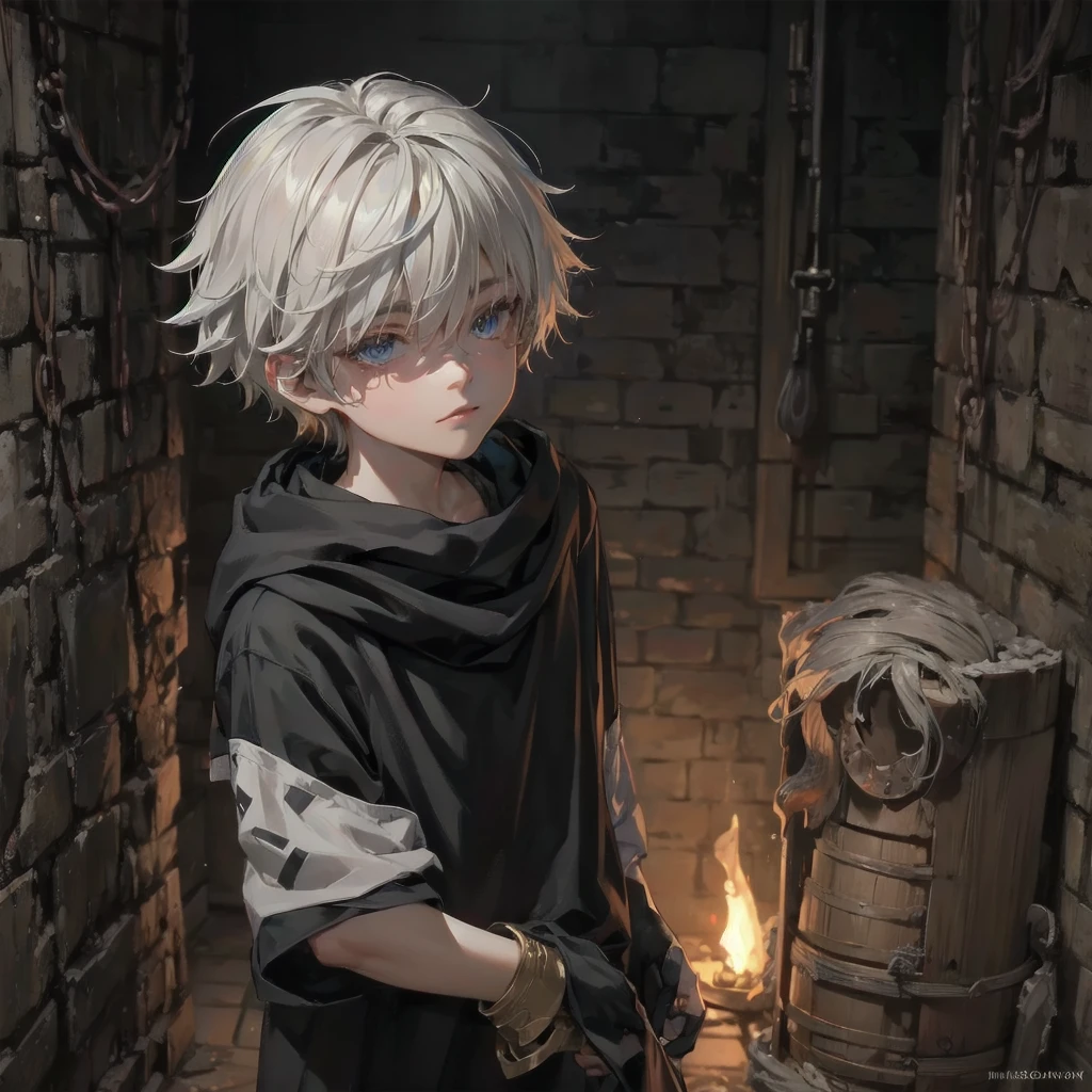 High detail, clarity, 8kk, little boy, 10 years old, light gray hair, short haircut, yellow eyes, fire everywhere, realism, fantasy,