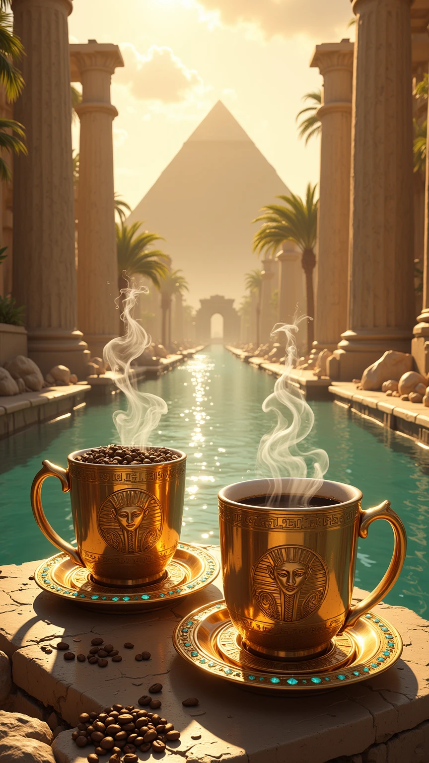 Realistic illustration for advertising , Presenting a number of very short and low coffee mugs made of polished gold. ,  The coffee cups are located in coffee coasters made of polished gold. ,  In the center of the coffee mug, the three-dimensional Eye of Horus motif is engraved ,  The area around the eye of Horus pattern is a hieroglyphic pattern ,  The top rim of the glass is adorned with luminous turquoise diamonds arranged in an orderly horizontal way. , . Inside the coffee mug there is a glossy black hot Americano coffee cup. ,  There is coffee smoke billowing out of the coffee mug elegantly but still looking natural. ,  The view of the image clearly shows the hot Americano coffee water inside the coffee cup , The coffee cup holder ear is on the right hand , A coffee mug is placed on a coffee coaster made of polished gold , The coffee saucer engraved with the heroic motif ,  The mortuary area around the coffee cup contains complete coffee beans. Placed together naturally inside the coffee saucer ,  of the surrounding area. The coffee saucer contains a large number of complete coffee beans placed together naturally on the street floor. ,  The coffee mug and coffee saucer are located on top. Ancient Egyptian stone road in the lower center position of the image ,  The ancient Egyptian stone road is a very high bridge that extends down from the central position of the background., The backdrop is the great Pyramid of Giza, harmoniously combined with a variety of Roman columns and a magnificent Babylonian floating garden.,  The sides of the road on both the left and right sides of the road have a bright turquoise river ,  Within the river on both the left and right sides of the road, there are rocks lined naturally. , . On the banks of the river, on both the left and right sides of the road, there are large palm trees lined up to the background of the image. , , the details of the architecture behind can be seen in detail and clearly through the perspective seen from the front. ,  in the sky. A large morning sun ray that is shining brightly to all corners of the image. , . The atmosphere of the picture is covered with a warm and soft morning golden light. ,  In the sky there are bright morning clouds , In the sky there are birds flying 