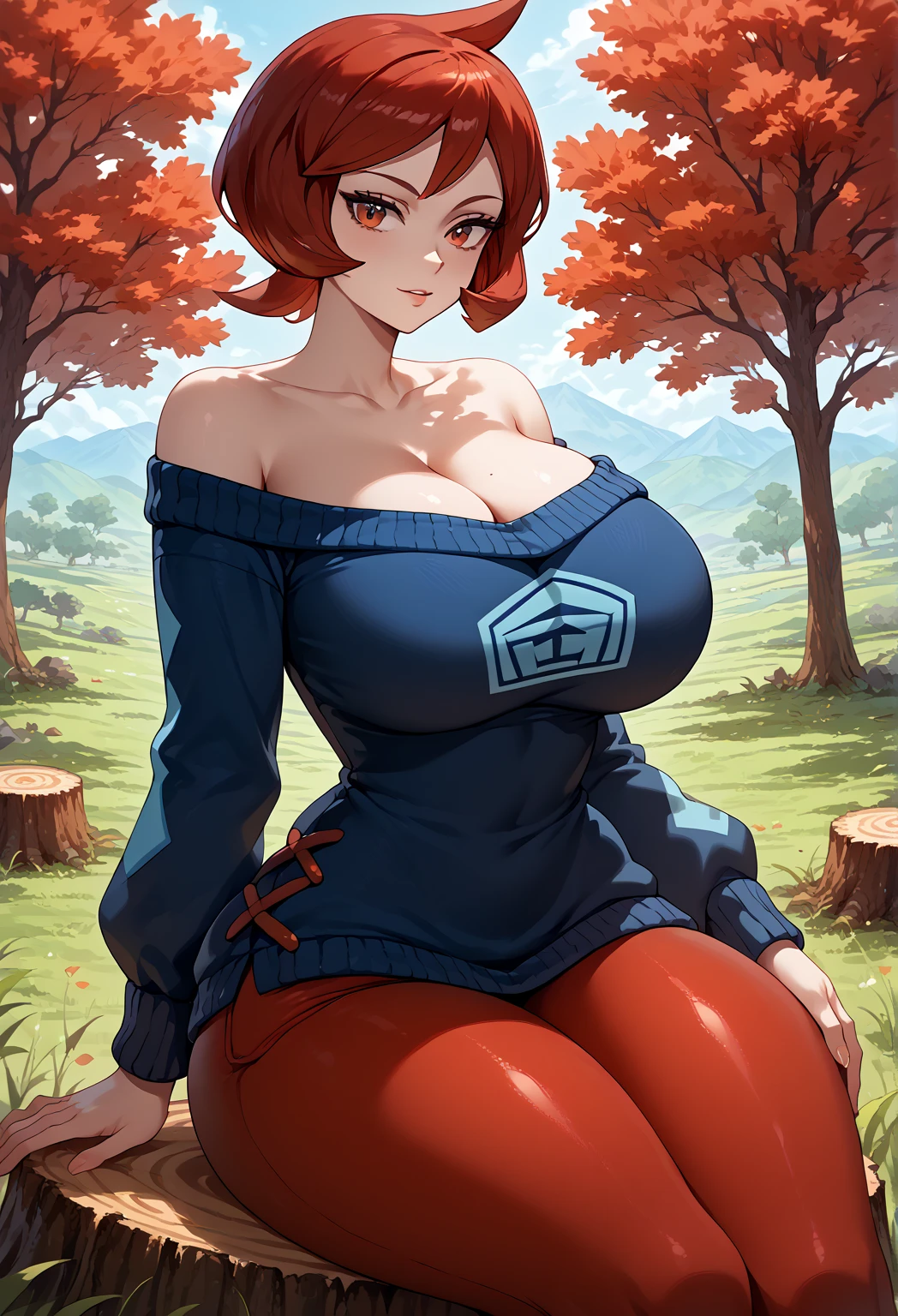 Perfect CG unity 8K UHD wallpaper, Perfect CG unity 8K UHD wallpaper, 1girl, solo, pokemonarezu, red hair, cowlick, short hair, red eyes, huge breasts, wide hips, thick thighs, large thighs, collarbone, diamond clan outfit, blue sweater, large sweater, long sweater, long sleeves, red pantyhose, cowboy shot, outdoors, plains, off shoulder sweater, bare shoulders, ((deep cleavage)), sitting on treestump, braless, strapless, 