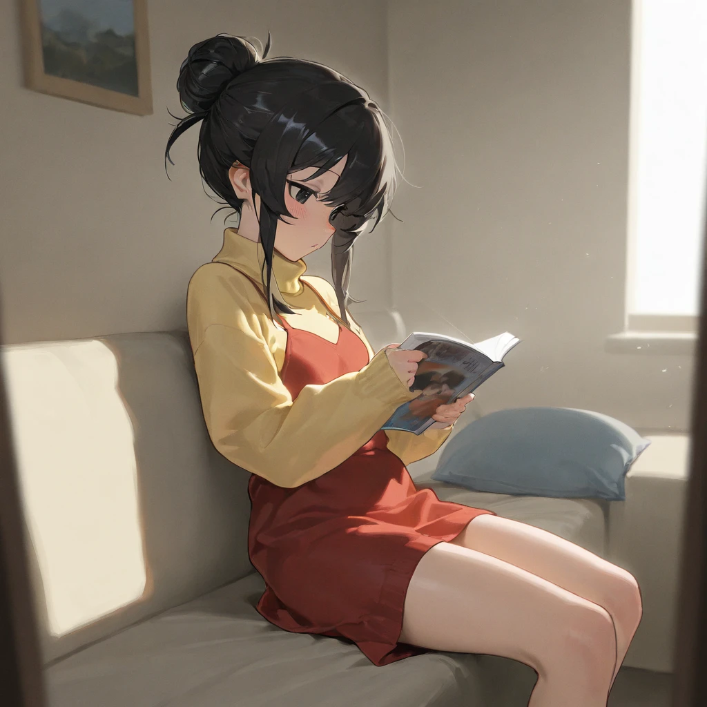 masterpiece, best quality, amazing quality, very aesthetic, absurdres, newest,scenery, highres icon,absurdres,16k,flat anime style、748cmstyle,Expressiveh, 



 1 girl、solo、Chibi、、 dark eyes、Black Hair、 bun hair 、 yellow sweater 、 turtleneck 、blush、 Red Dress 、 sitting、reading、Room Background、 simple backgrounds per person、

Masterpiece , best quality, amazing quality, very aesthetic, absurdres, newest,scenery, 