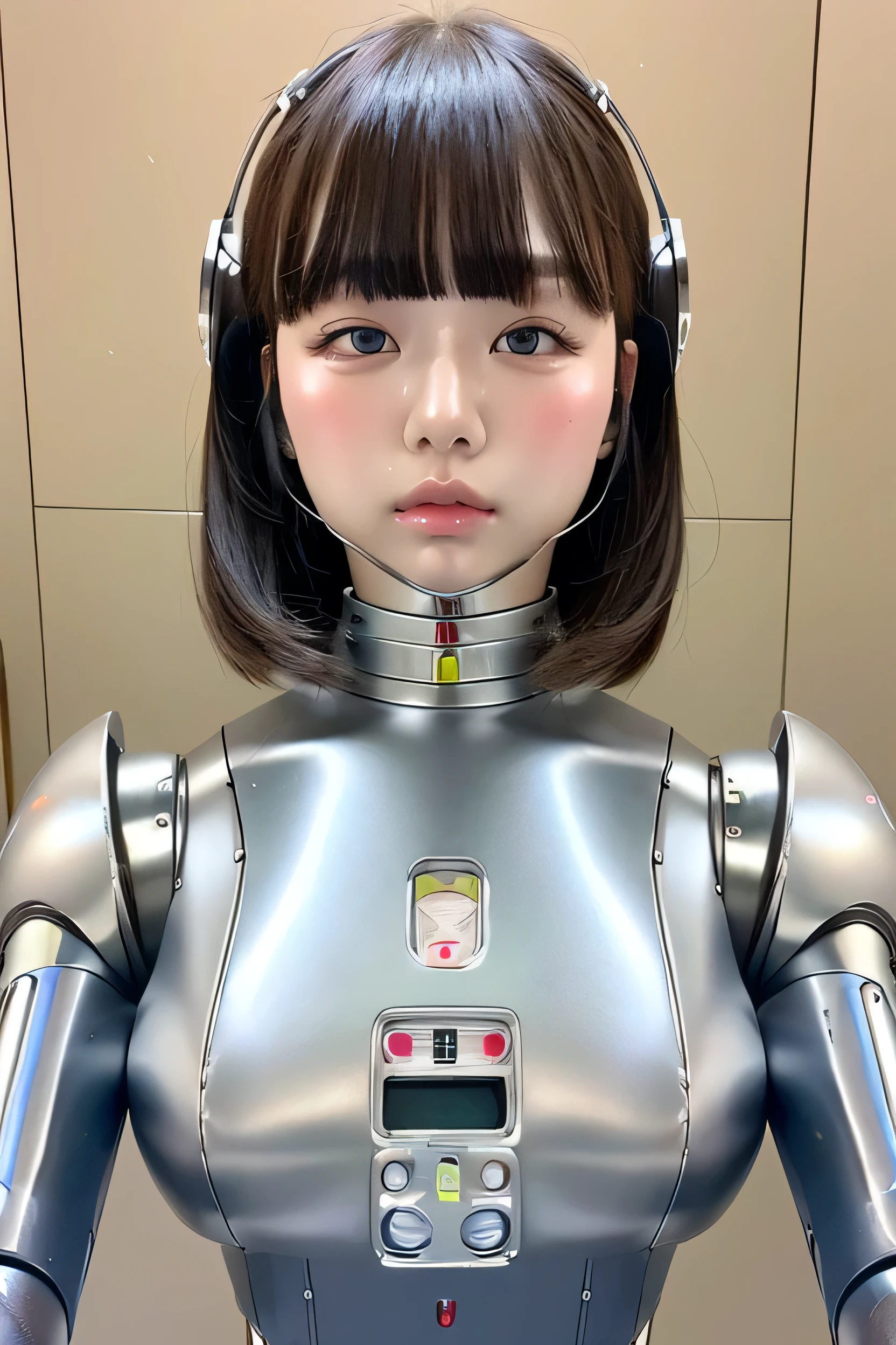 masterpiece, best quality, extremely detailed,portrait,front view,Japaese android girl,Plump, control panels,android,Droid,Mechanical Hand, Robot arms and legs,Blunt bangs,long tube,thick cable connected her neck