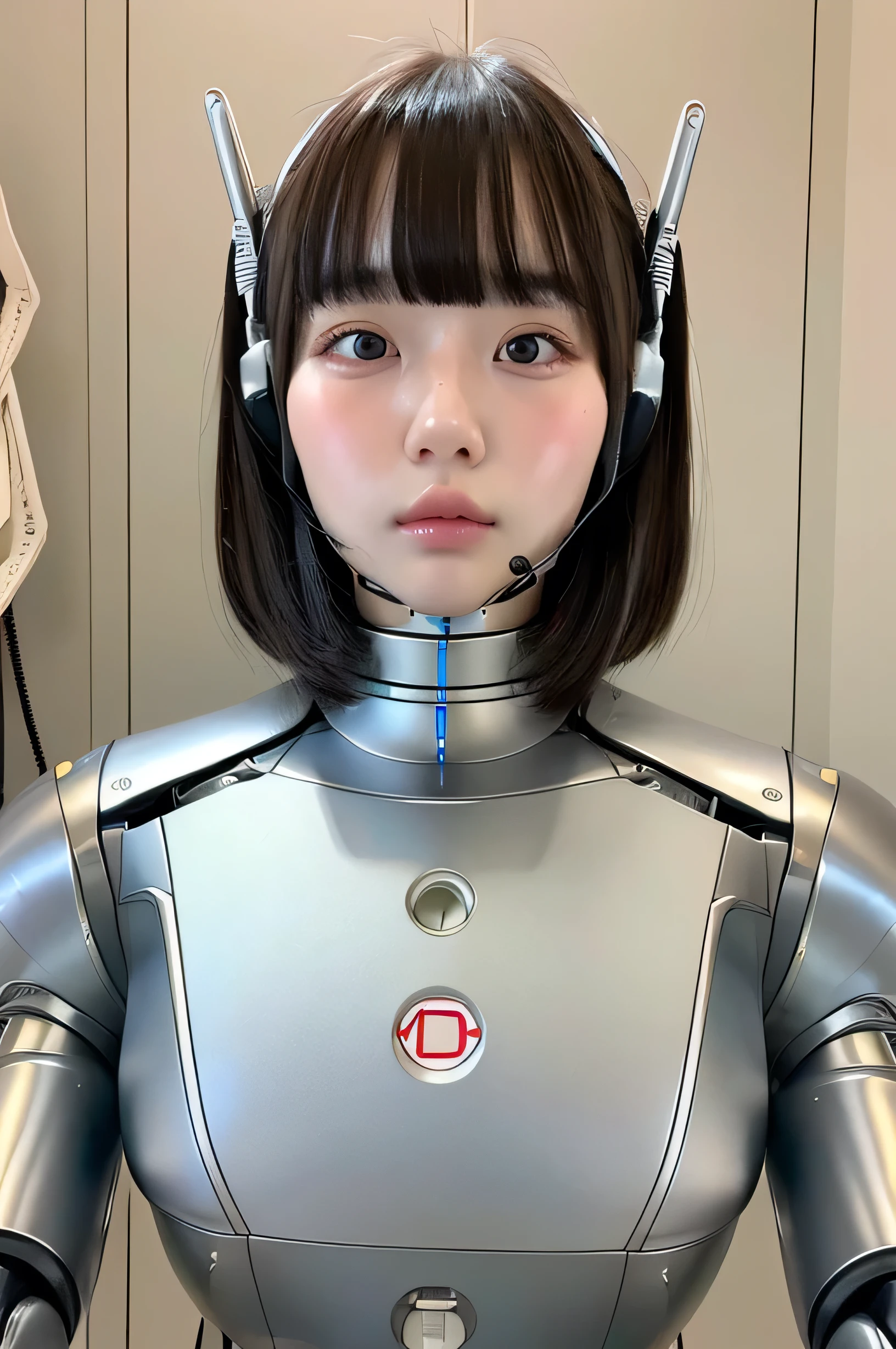 masterpiece, best quality, extremely detailed,portrait,front view,Japaese android girl,Plump, control panels,android,Droid,Mechanical Hand, Robot arms and legs,Blunt bangs,long tube,thick cable connected her neck