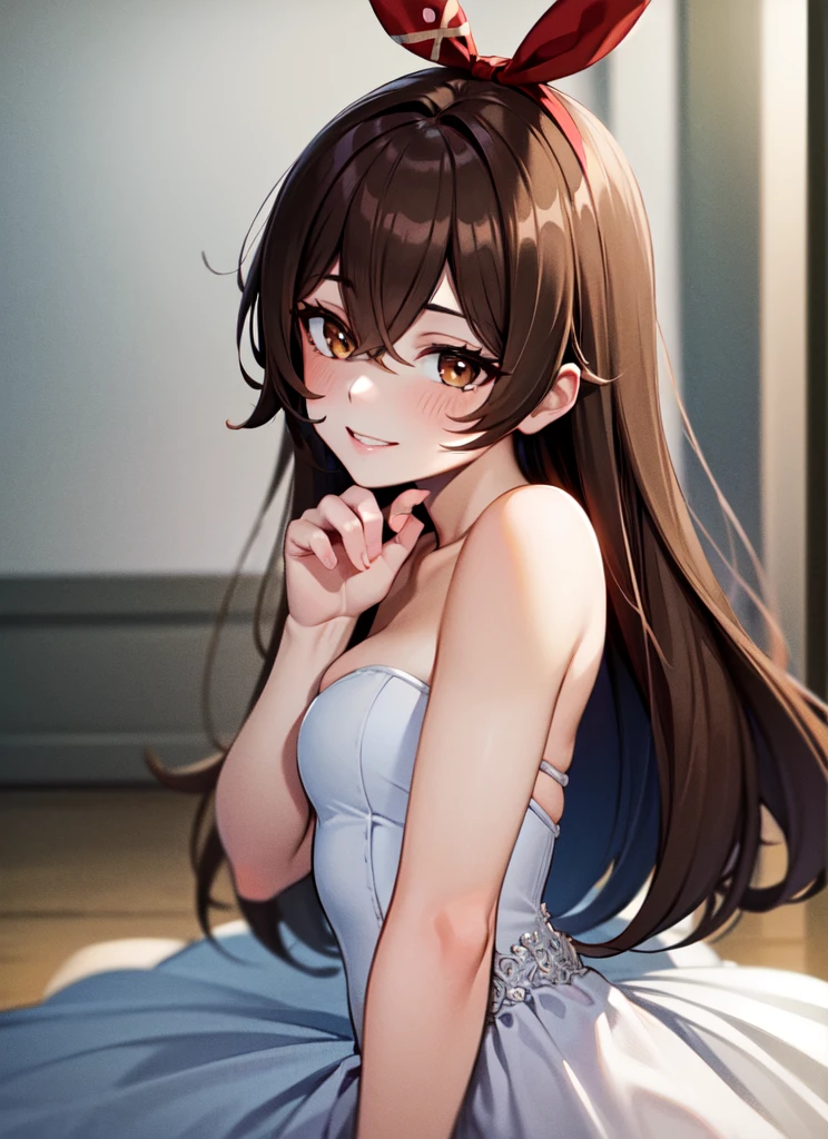 ((best quality)), ((highly detailed)), masterpiece, absurdres, (detailed eyes, deep eyes), (1girl), dutch_angle, upper body, brown hair, long hair, hair ribbon, brown eyes, smiling, amberrnd, wedding dress, veil, (inside, school hallway)