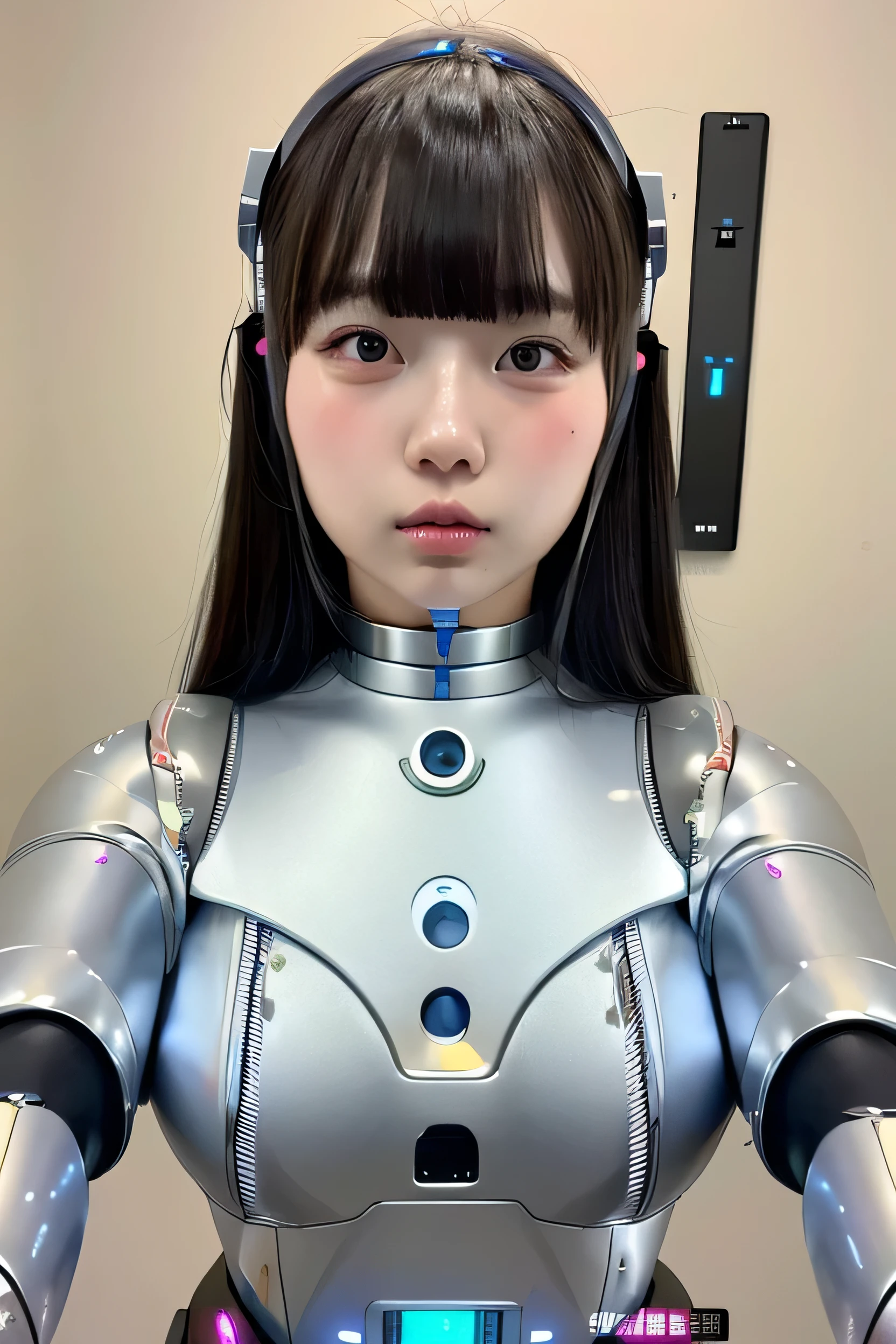 masterpiece, best quality, extremely detailed,portrait,front view,Japaese android girl,Plump,pastel color uniform, control panels,android,Droid,Mechanical Hand, Robot arms and legs,Blunt bangs,long tube,thick cable connected her neck