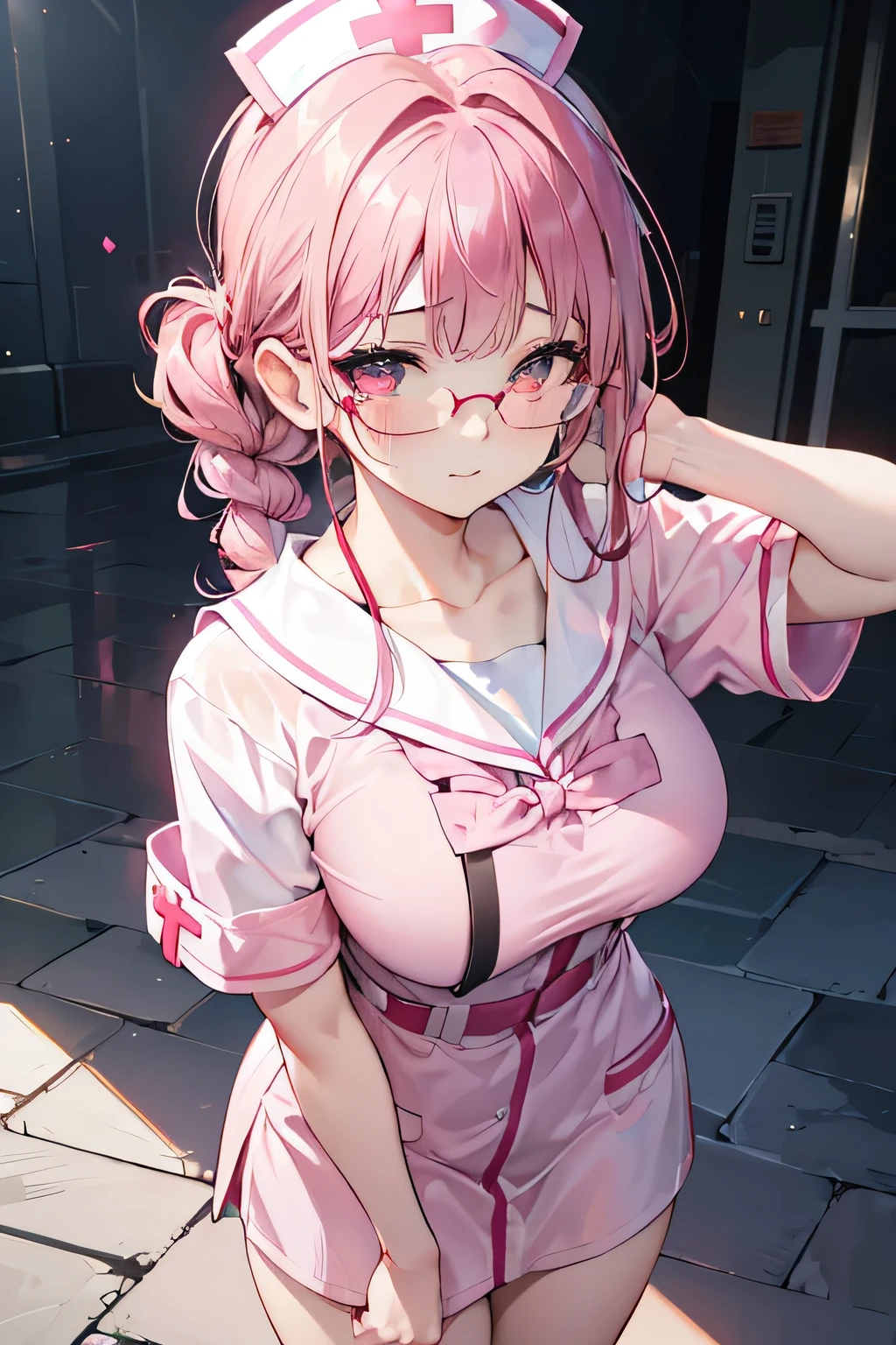 1 girl, pink long bun hair, heart shaped eyes, ♡, big breasts, nurse uniform, {girl with pink long bun hair named Nami}, (Pink eye color), {downtown}, (smile), bright background , mole under eye, heart shaped choker, (masterpiece, highest quality), very detailed, highest quality, official art, beautiful and aesthetic: 1.2), (1 girl), very detailed, (geometry art: 1.3), colorful, most detailed ?d1 girl, pink long bun hair, Eye of the symbol, +__+, big breasts, gothic costume, {A girl with long pink bun hair named Nami}, (Pink eye color), {downtown}, (smile), bright background, (garden,beautiful flower々),mole under eye, heart shaped choker, (masterpiece, highest quality), official art, beautiful and aesthetic: 1.2), (1 girl), very detailed, (geometry art: 1.3), colorful