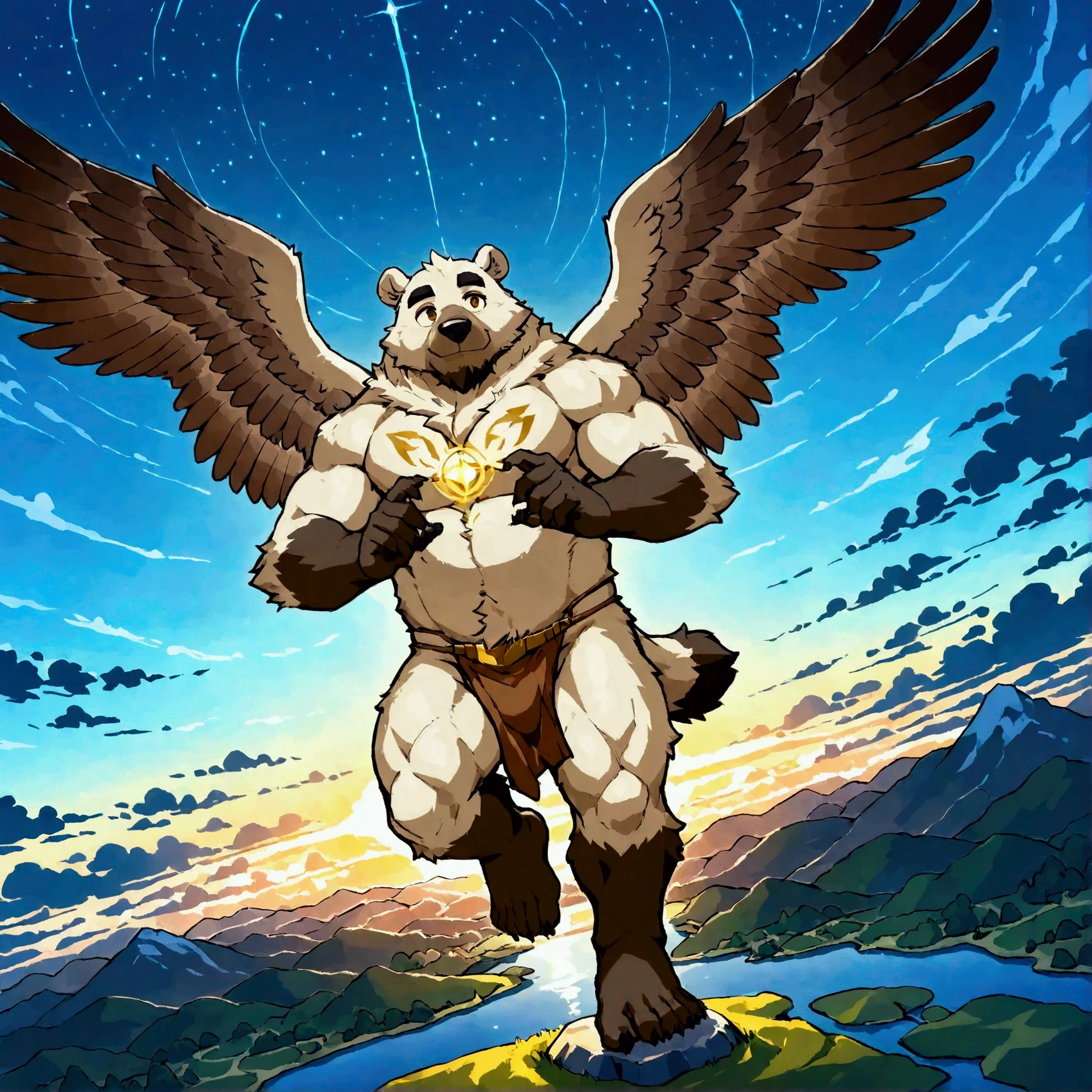 character focus, full body, looking away, dynamic angle, angel, a plump middle-aged polar bear man, angel wings, happy, light smile, loincloth, rushing wind, hold with both hands quantum electromagnetic life form sacred sphere, spinning fly, dynamic pose, BREAK complete anatomy, perfect proportions, beautiful thigh gap, fluffy body, intricate fur details, beautiful fur texture, BREAK detailed bear tail, detailed toe, 5toes, 5toes nails, beautiful foot, detailed hands, 5fingers, 5fingers nails, BREAK cute face, aesthetic anime face, insanity detailed face, male face, big face, square jawline, aesthetic anime eyes, detailed brown eyes, detailed brown cornea, detailed dark brown irises, detailed pupils, male eyes, big eyes, male eyebrows, innocent look, beautiful beard, BREAK full body in Michelangelo Buonarroti style, digital illustration anime, housamo style, detailed painting landscape, twilight, kaleidoscopic swirls, france, outdoor, full body, HDR, BREAK masterpiece, official art, best quality, very aesthetic, absurdres, super fine illustration, great quality, BREAK noise reduction, very highres, large filesize, high quality, 32K, 8k wallpaper, dynamic lighting, BREAK insanity detailed, ultra detailed, intricate details, extremely detailed, detailed texture, an extremely delicate and beautiful, BREAK osukemo, e621 illustration, Fur Affinity illustration, kemohomo, anthropomorphic, furry, cartoon, harmonious body, pastoral face, virtuous eyes, epic atmosphere