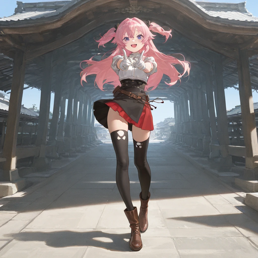 masterpiece, best quality, amazing quality, very aesthetic, absurdres, newest,scenery, highres icon,absurdres,16k,flat anime style、748cmstyle,Expressiveh, 



  senba _kouki , 1 girl,solo, long hair,chest, thigh high socks ,gloves, pink hair ,白いgloves,chestの谷間, open mouth , purple eyes,smile, skirt, look at the viewer ,Brown footwear,大きなchest, raised my index finger,:d

Masterpiece , best quality, amazing quality, very aesthetic, absurdres, newest,scenery, 