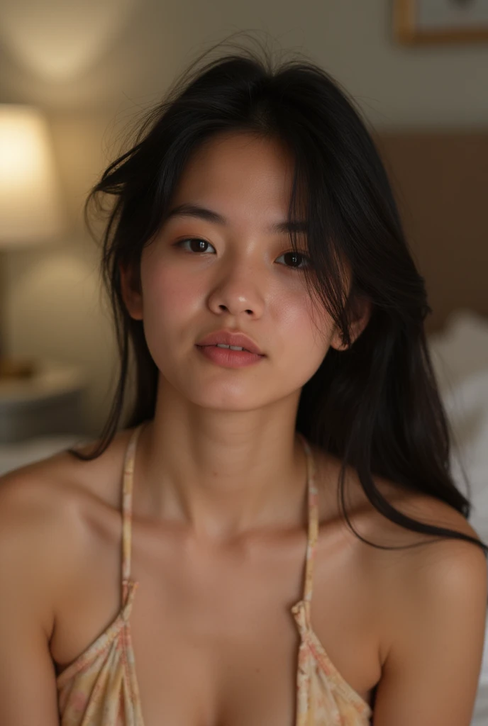 a 20 years old asian latina, girl, black hair, highly detailed face and beautiful clear green eyes, big natural , long hair, seductive smile, very seductive haughty eyes, luscious mouth, jaw line, in the living room, naked