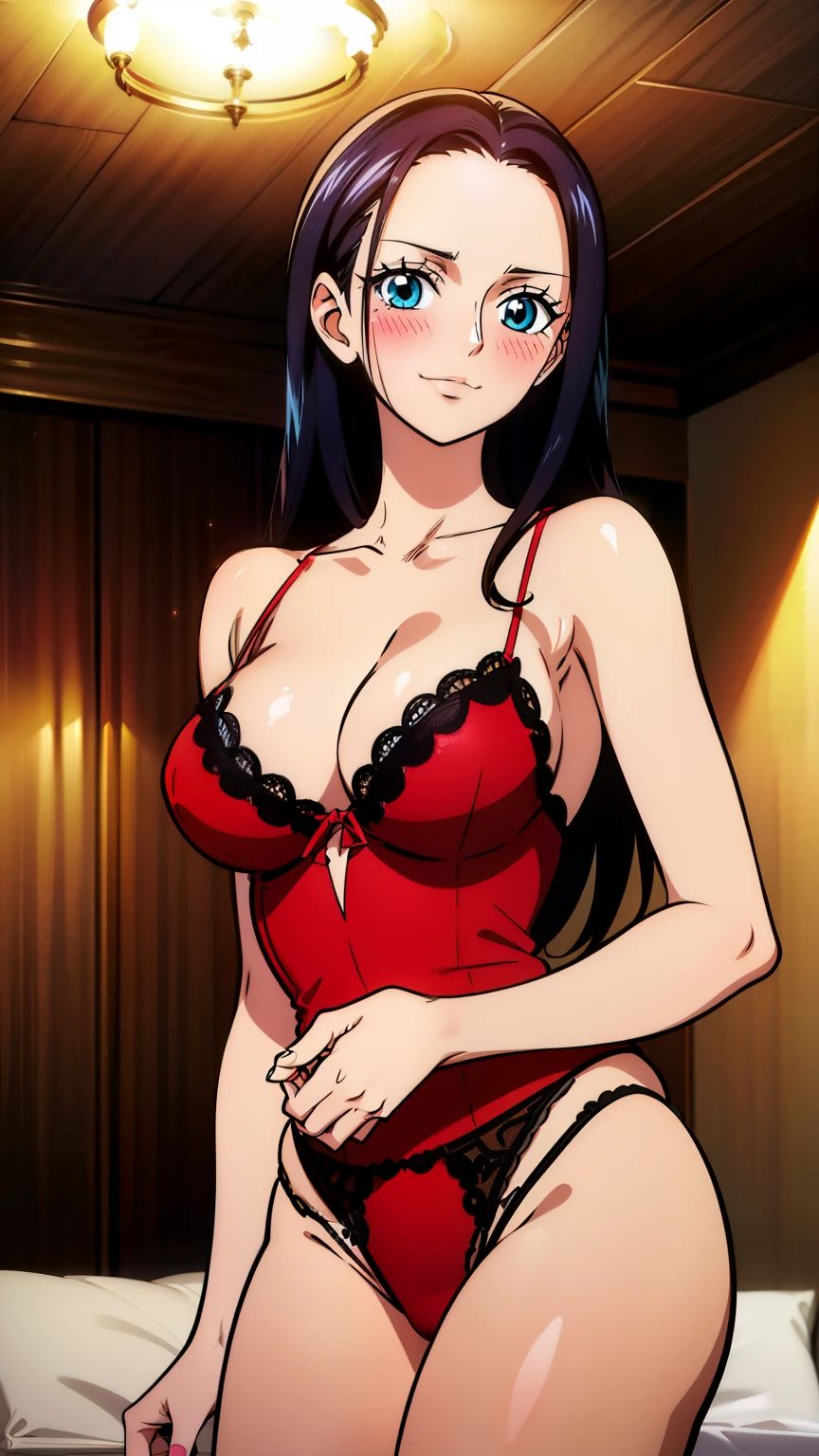 (masterpiece, best quality, high resolution, 8K:1.2), anime coloring, detailed, from one piece, one piece style, Nico Robin, mature woman, 30 years old, woman with long black hair, big medium breasts, calm and collected, happy expression and laughing, soft look, beautiful face, perfect hands, (Red Lingerie, indoor, room, bed, blush), cowboy shot, dutch angle, looking at viewer,