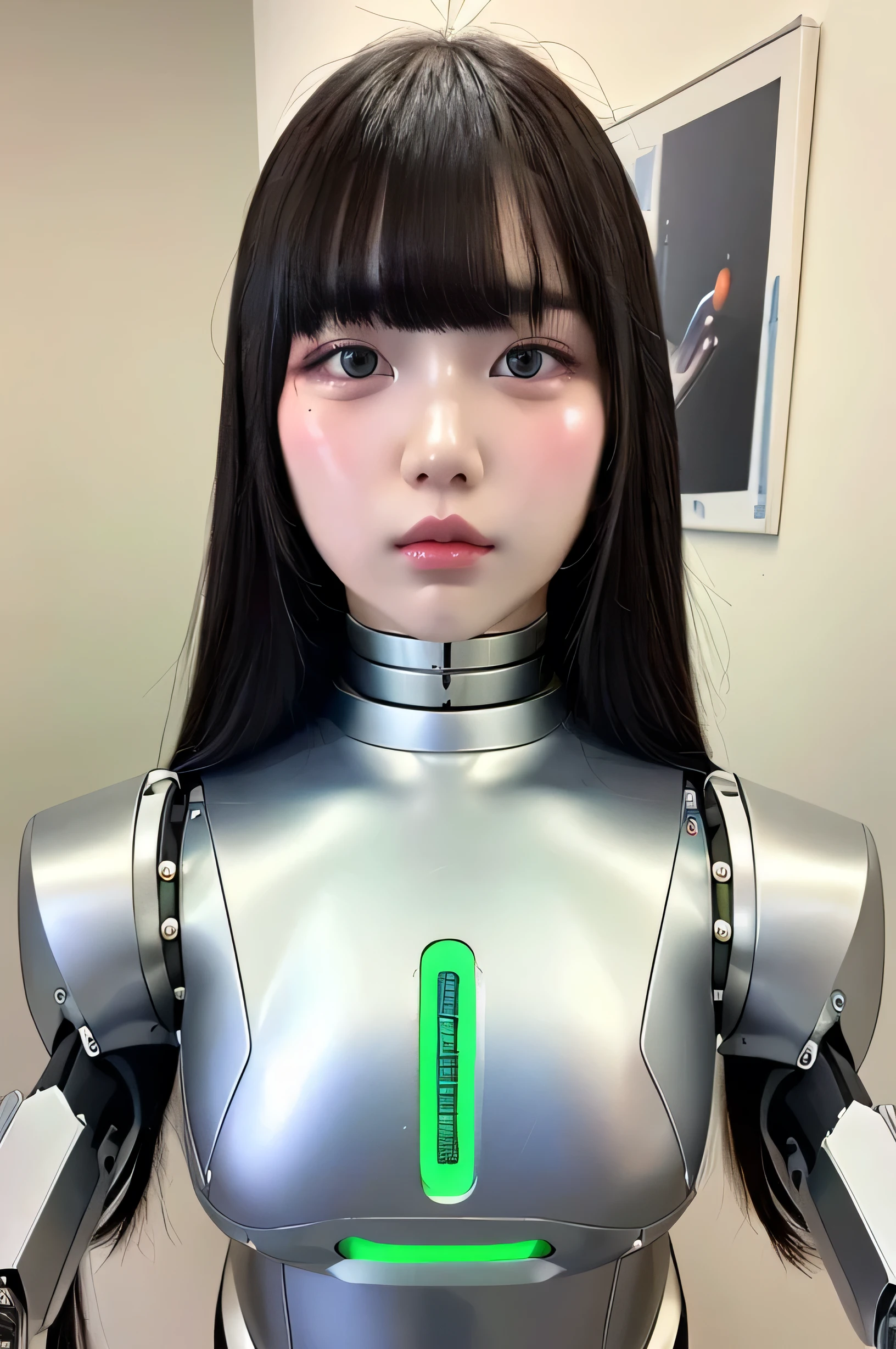 masterpiece, best quality, extremely detailed,portrait,front view,Japaese android girl,Plump, control panels,android,Droid,Mechanical Hand, Robot arms and legs,Blunt bangs,long tube,thick cable connected her neck