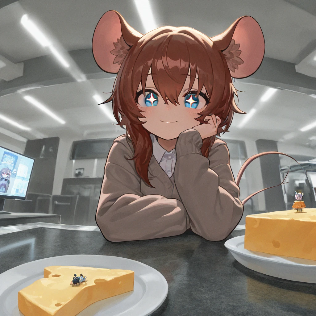 masterpiece, best quality, amazing quality, very aesthetic, absurdres, newest,scenery, highres icon,absurdres,16k,flat anime style、748cmstyle,Expressiveh, 



   animated image drawn by hakika 。 the little miniature mouse girl is in marble Run on the counter、 they are holding an oversized cheese above their heads with a triumphant expression 。 the girl is smiling and has sparkling eyes 、Mouse Ears、 has a mouse tail 。 the cake is much bigger than the girl 、 the girl has trouble holding the cake 。The one that chases her 、 is a group of miniature toy police cars 。



Masterpiece , best quality, amazing quality, very aesthetic, absurdres, newest,scenery, 