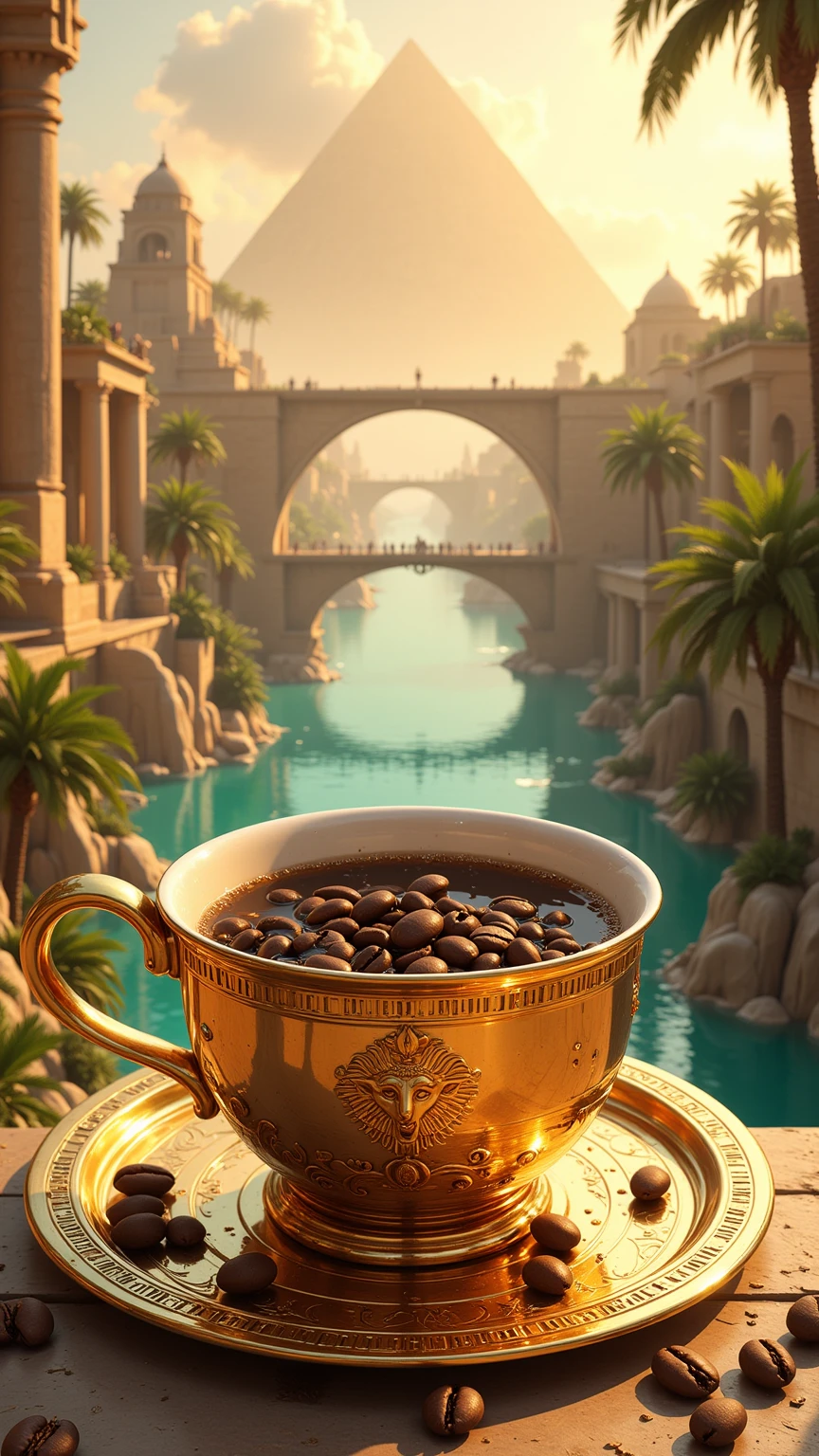 Realistic illustration for advertising ,  presents a number of very short and low coffee mugs made of polished gold., Reiterating that only one leaf ,  The coffee cups are located in coffee coasters made of polished gold. ,  In the center of the coffee mug, the three-dimensional Eye of Horus motif is engraved ,  The area around the eye of Horus pattern is a hieroglyphic pattern ,  The top rim of the glass is adorned with luminous turquoise diamonds arranged in an orderly horizontal way. , . Inside the coffee mug there is a glossy black hot Americano coffee cup. ,  There is coffee smoke billowing out of the coffee mug elegantly but still looking natural. ,  The view of the image clearly shows the hot Americano coffee water inside the coffee cup , The coffee cup holder ear is on the right hand , A coffee mug is placed on a coffee coaster made of polished gold , The coffee saucer engraved with the heroic motif ,  The mortuary area around the coffee cup contains complete coffee beans. Placed together naturally inside the coffee saucer ,  of the surrounding area. The coffee saucer contains a large number of complete coffee beans placed together naturally on the street floor. ,  The coffee mug and coffee saucer are located on top. Ancient Egyptian stone road in the lower center position of the image ,  The ancient Egyptian stone road is a very high bridge that extends down from the central position of the background., The backdrop is the great Pyramid of Giza, harmoniously combined with a variety of Roman columns and a magnificent Babylonian floating garden.,  The sides of the road on both the left and right sides of the road have a bright turquoise river ,  Within the river on both the left and right sides of the road, there are rocks lined naturally. , . On the banks of the river, on both the left and right sides of the road, there are large palm trees lined up to the background of the image. , , the details of the architecture behind can be seen in detail and clearly through the perspective seen from the front. ,  in the sky. A large morning sun ray that is shining brightly to all corners of the image. , . The atmosphere of the picture is covered with a warm and soft morning golden light. ,  In the sky there are bright morning clouds , In the sky there are birds flying 