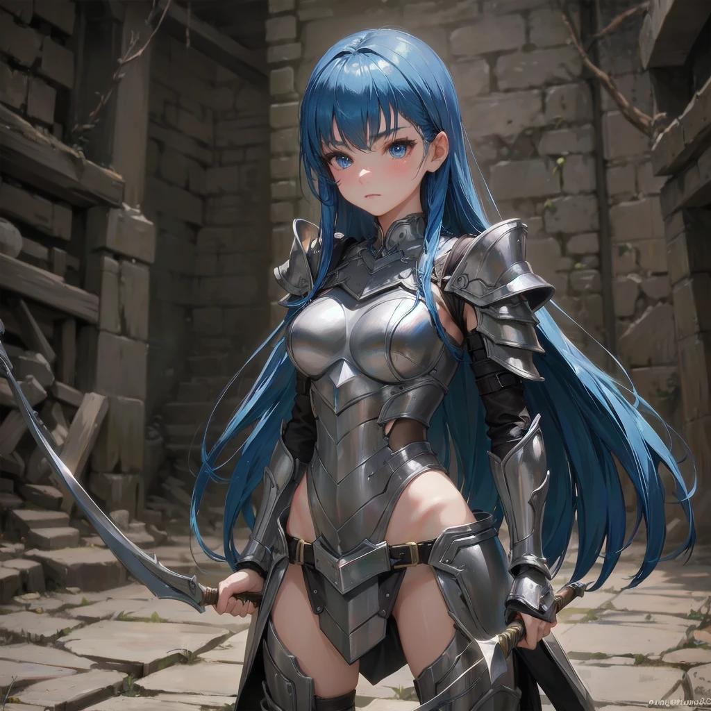 (masterpiece:1.5、Photorealistic:1.4,anime coloring:1.4、high resolution:1.4)、,(spot light:1.2、Exquisite beautiful eye:1.5,)、stand:1.5、upper body:1.3、
kind eyes、tareme:1.4,Hollow Eyes、Cute Face、blue hair:1.5、middle hair:1.5,sidelock :1.4,blunt bangs:1.3,1 girl、blue eyes:1.2、clear face:1.5、solo、chromium　metal black :1.5 ,flat chest,waist-cape armor:1.5 Leg guard、armored dress、Princess Knight:1.5、Slim Body(),Shiny Hair、