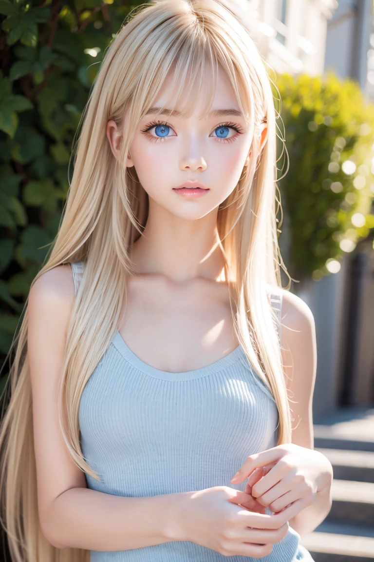 girl portrait, petite girl, micro swimsuit, baby, , masterpiece, micro bikini, sleepy eyes, soft smile, aside, beautiful face, proud, girl, blue sky, long blonde hair, shiny skin, white smooth skin, highly detailed beautiful eyes, sexy and beautiful caucasian woman, official portrait, solo, loli, ,
