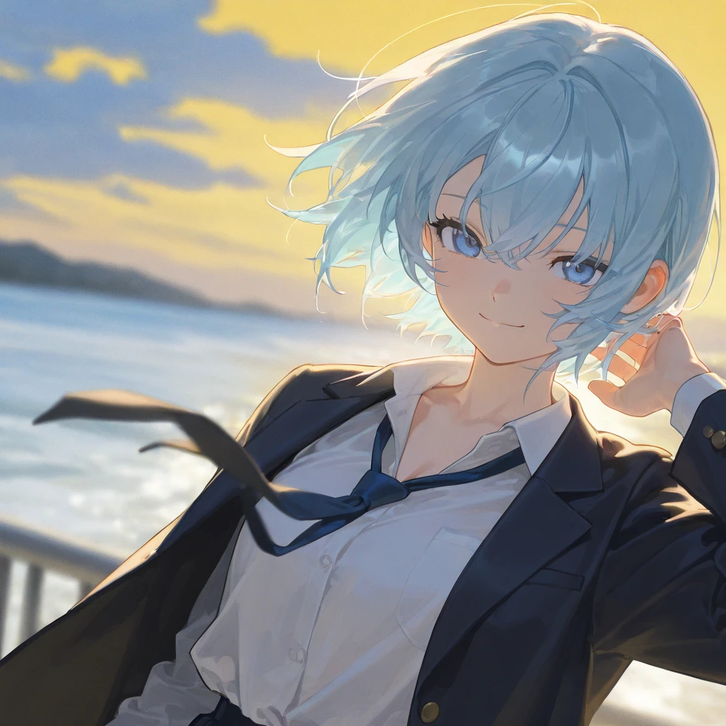 masterpiece, best quality, amazing quality, very aesthetic, absurdres, newest,scenery, highres icon,absurdres,16k,flat anime style、748cmstyle,Expressiveh, 



  1 girl、hagakure_tooru  1 girl、solo、chest、 stares at viewers、smile、 shorthair、 shirt、 Long Sleeve 、 school uniform、 jacket、白い shirt、 upper body、 ties、襟付き shirt、Smile、V neck 、 light blue hair、 parody in hin、 blazer、赤い ties、Yellow background、灰色の jacket、ダブル V neck 、UA  school uniform


Masterpiece , best quality, amazing quality, very aesthetic, absurdres, newest,scenery, 