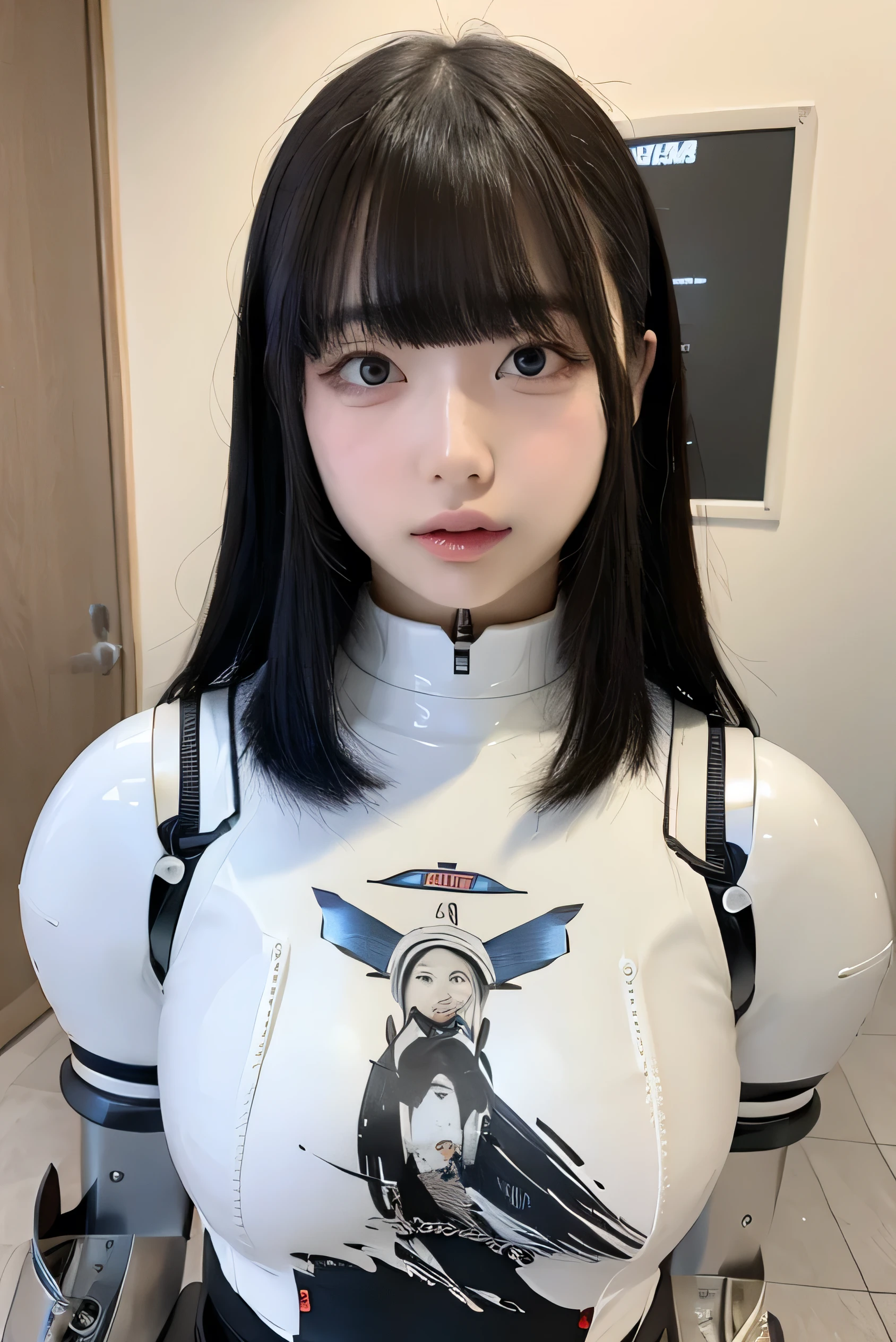 masterpiece, best quality, extremely detailed,portrait,front view,Japaese android girl,Plump, control panels,android,Droid,Mechanical Hand, Robot arms and legs,Blunt bangs,long tube,thick cable connected her neck