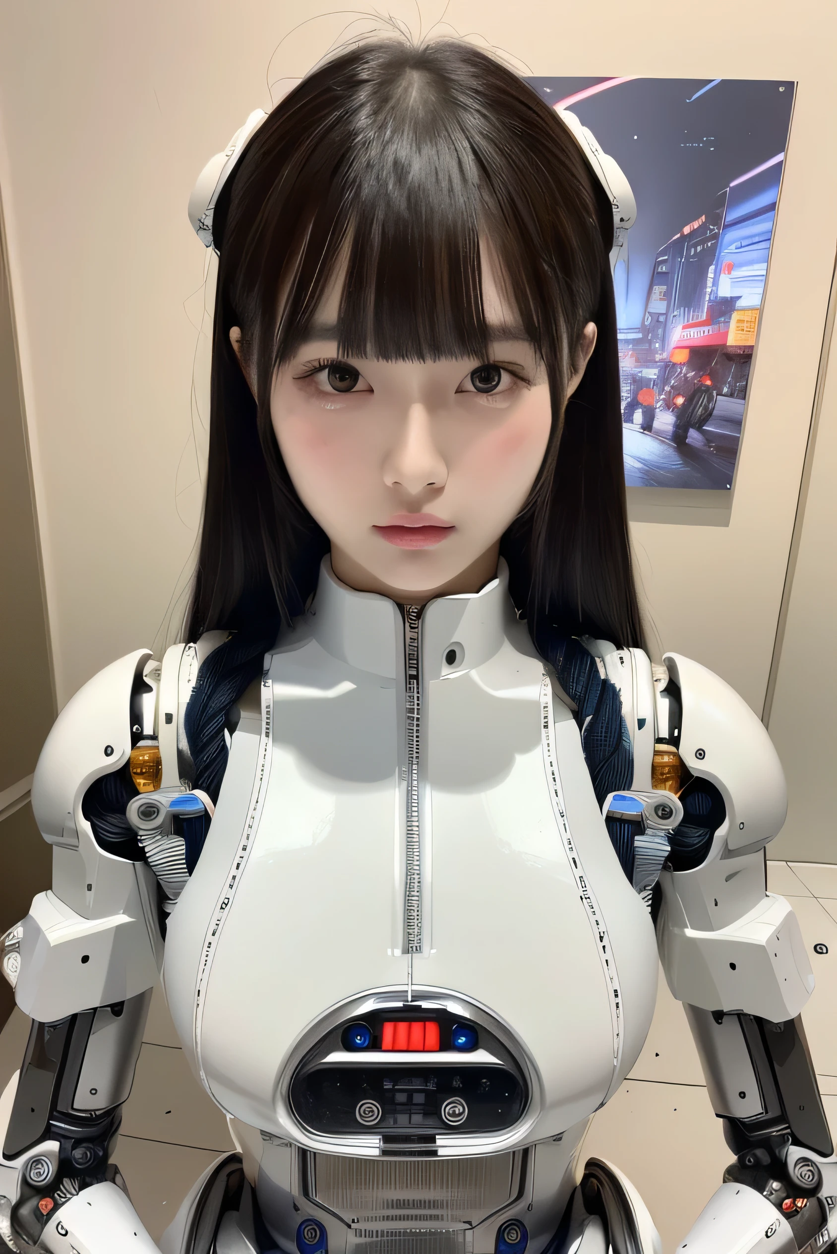 masterpiece, best quality, extremely detailed,portrait,front view,Japaese android girl,Plump, control panels,android,Droid,Mechanical Hand, Robot arms and legs,Blunt bangs,long tube,thick cable connected her neck
