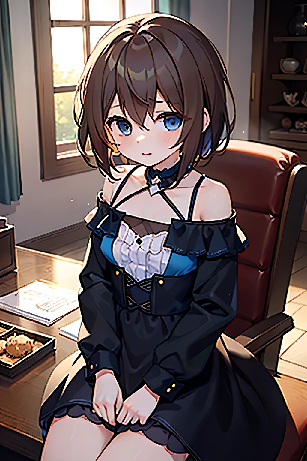 masterpiece,  best quality , 1 Girl,  unique , Brown hair, Short hair, Shoulder-length hair, Straight Hair,  blue eyes, Round eyes,  BLACK DRESSES , Long sleeve,  ruffles, ((Holding the trump card)),  from the room , ((sitting on the chair)), ((( Lots of aces on the table))),  dark , MANY MIRRORS ,  Broken Mirrors , ((detail face))