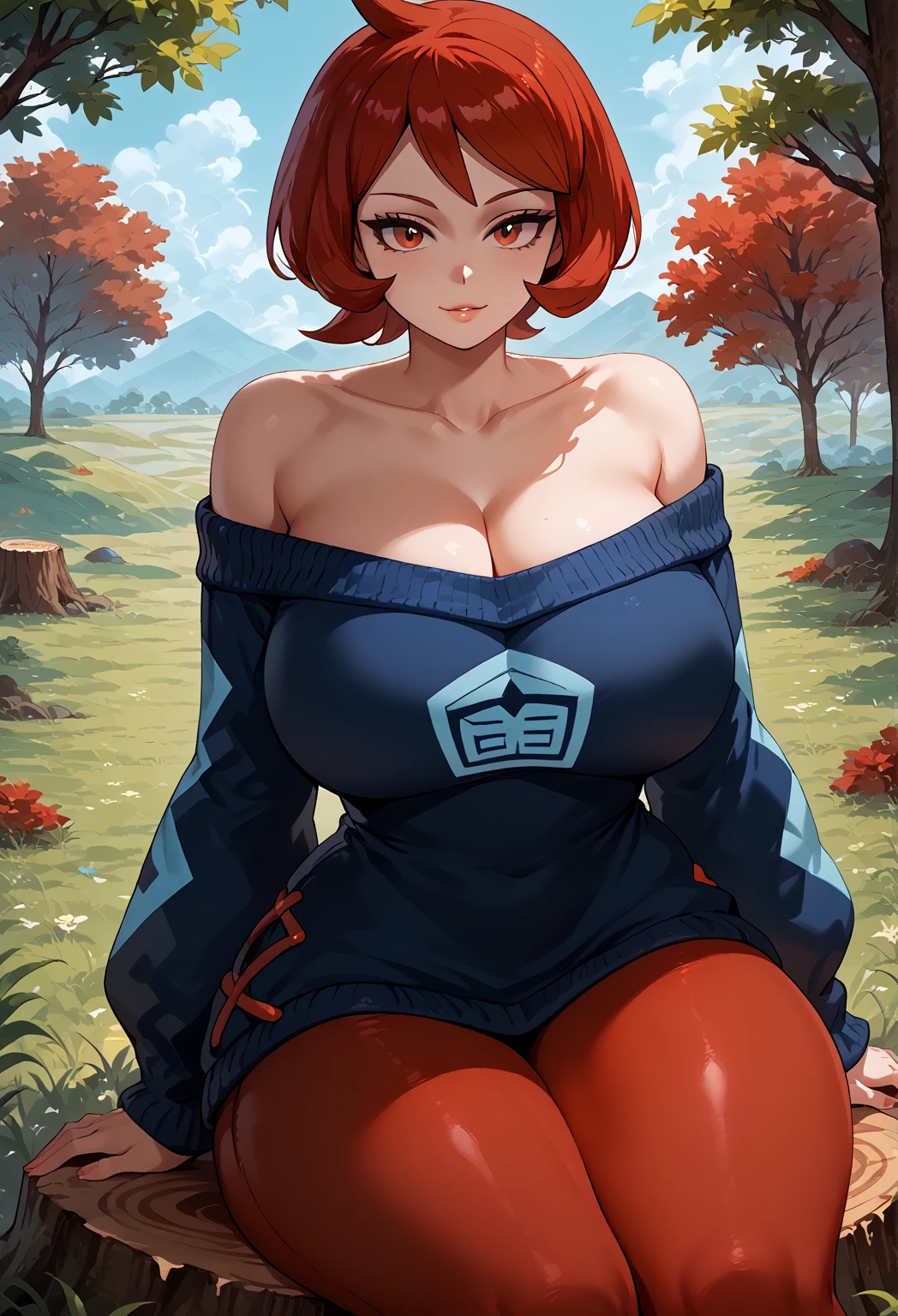 Perfect CG unity 8K UHD wallpaper, Perfect CG unity 8K UHD wallpaper, 1girl, solo, pokemonarezu, red hair, cowlick, short hair, red eyes, huge breasts, wide hips, thick thighs, large thighs, collarbone, diamond clan outfit, blue sweater, large sweater, long sweater, long sleeves, red pantyhose, cowboy shot, outdoors, plains, off shoulder sweater, bare shoulders, ((deep cleavage:1.3)), sitting on treestump, braless, strapless, 