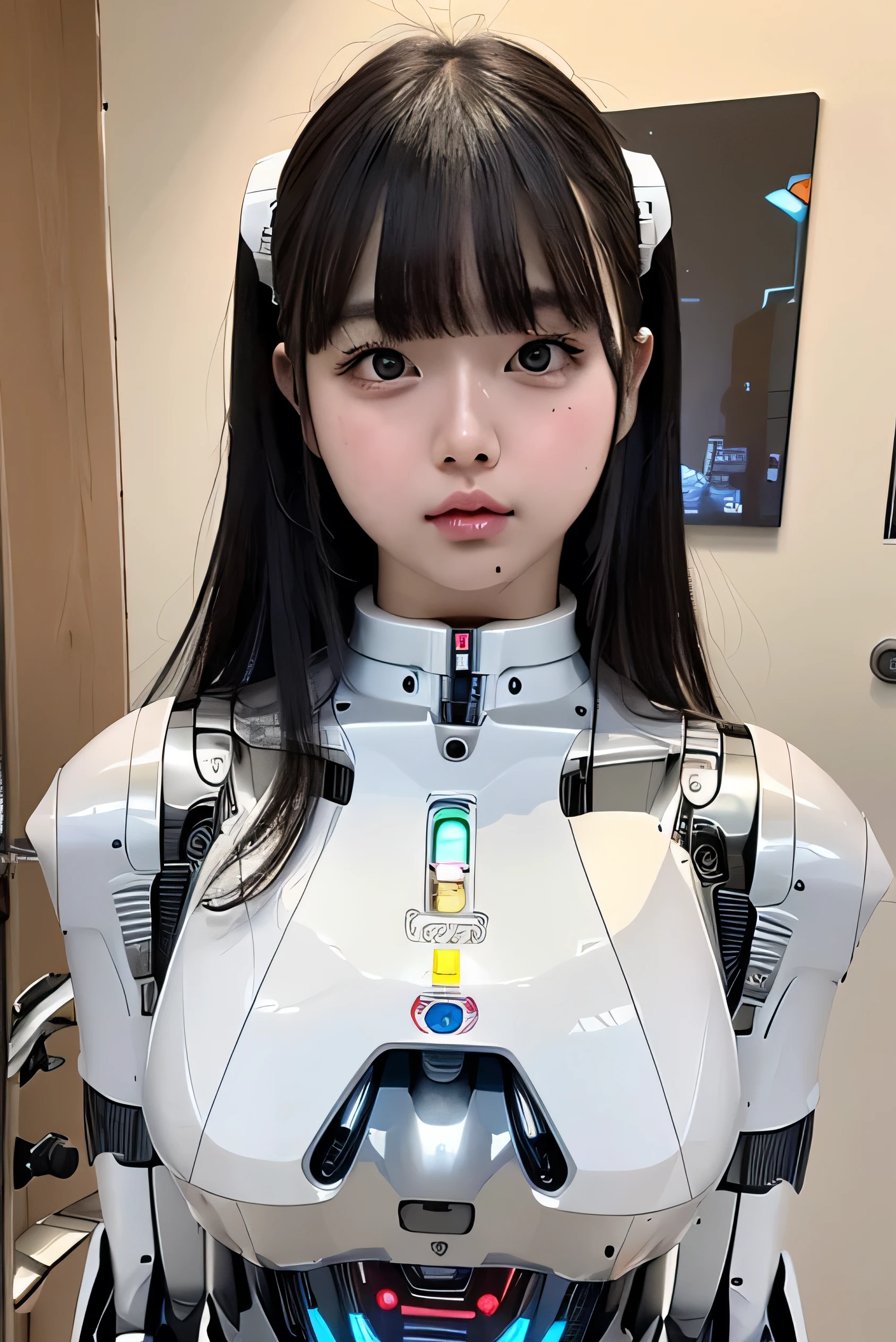 masterpiece, best quality, extremely detailed,portrait,front view,Japaese android girl,Plump, control panels,android,Droid,Mechanical Hand, Robot arms and legs,Blunt bangs,long tube,thick cable connected her neck